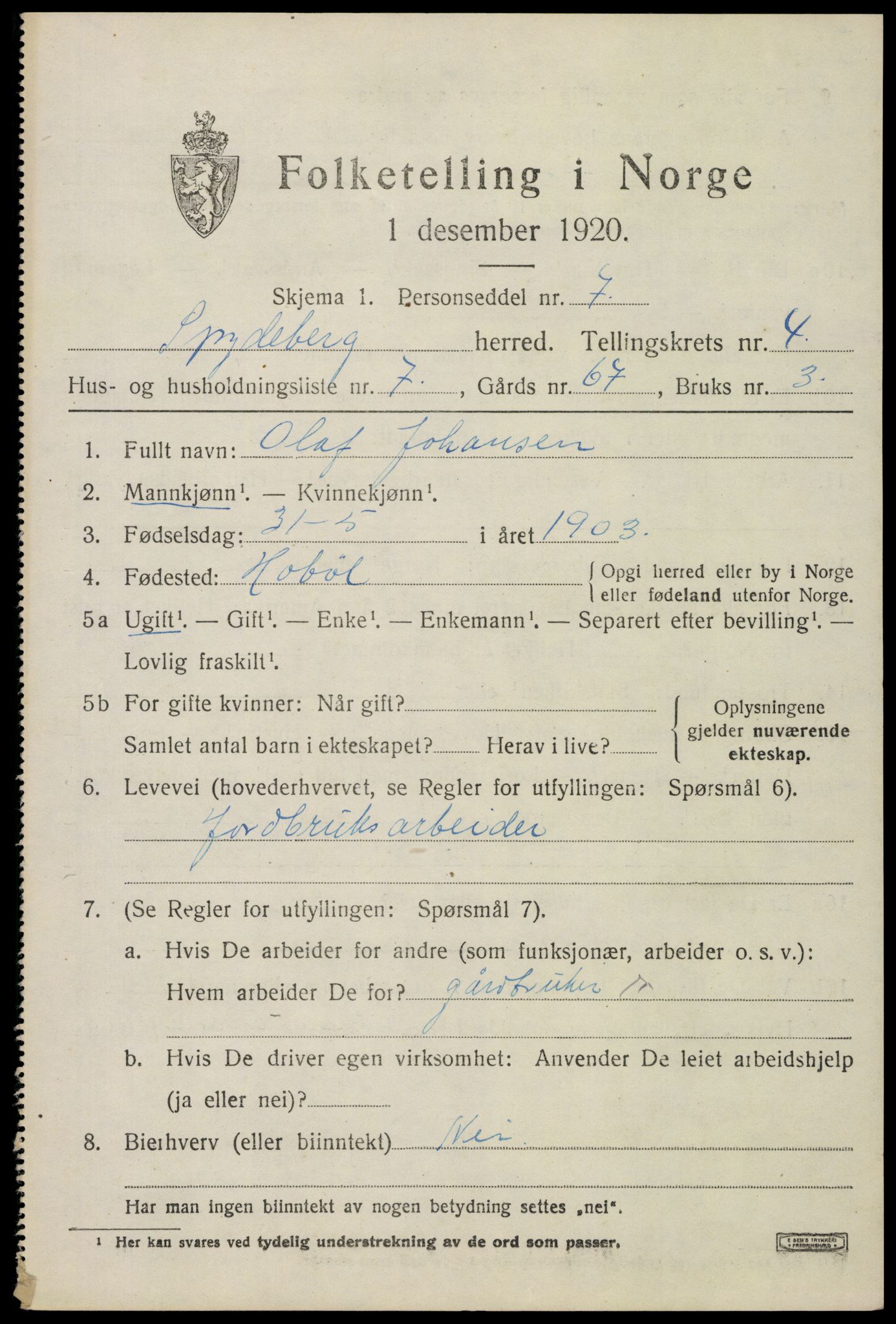 SAO, 1920 census for Spydeberg, 1920, p. 5625