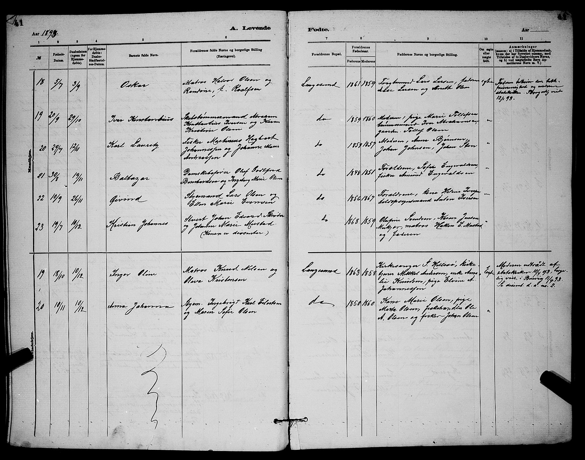 Langesund kirkebøker, SAKO/A-280/G/Ga/L0005: Parish register (copy) no. 5, 1884-1898, p. 41