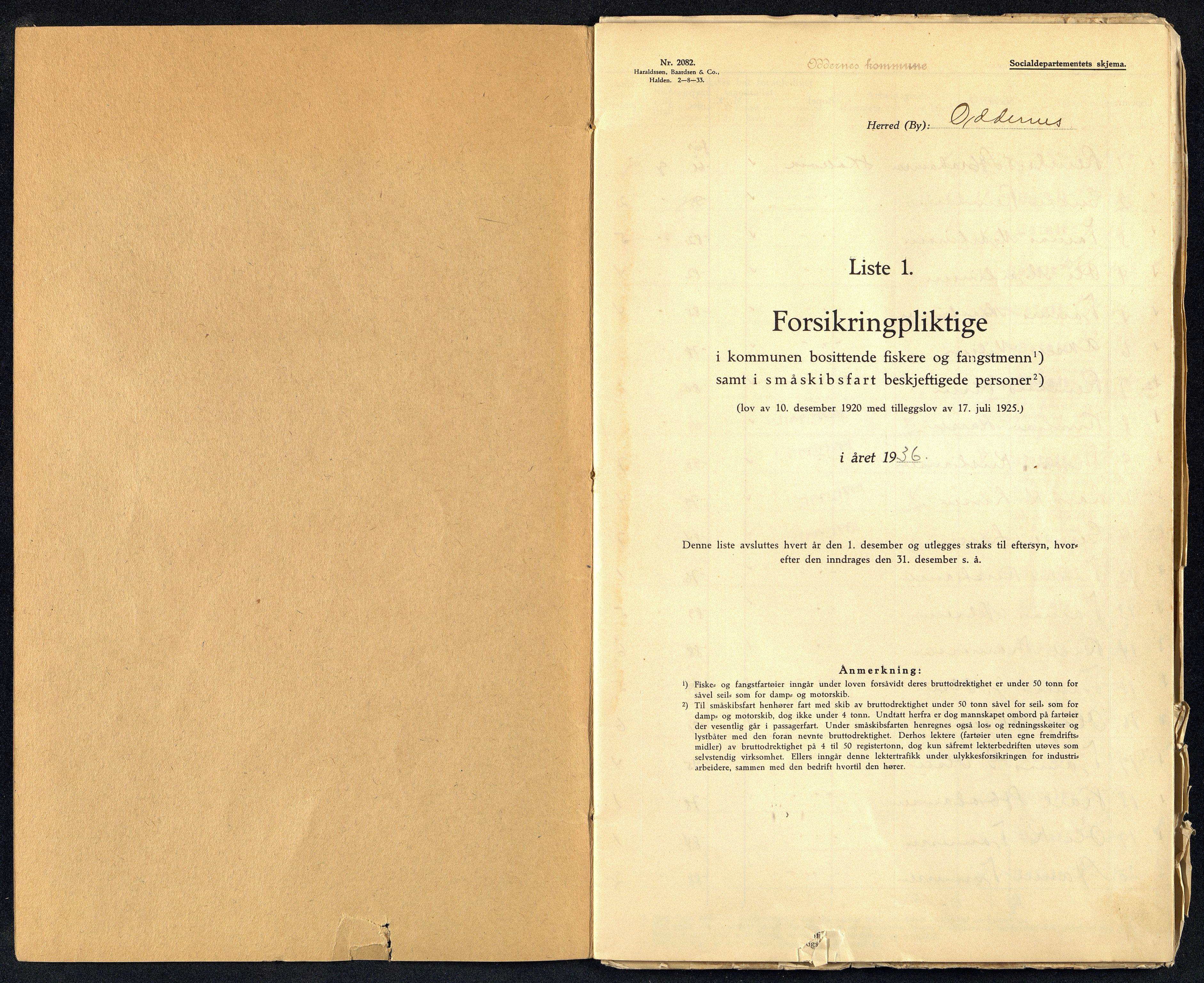 Oddernes kommune - Fiskermanntallnemnda, ARKSOR/1001OD622/F/L0001/0010: Manntall over forsikringspliktige fiskere og fangstmenn / Manntall over forsikringspliktige fiskere og fangstmenn, 1936