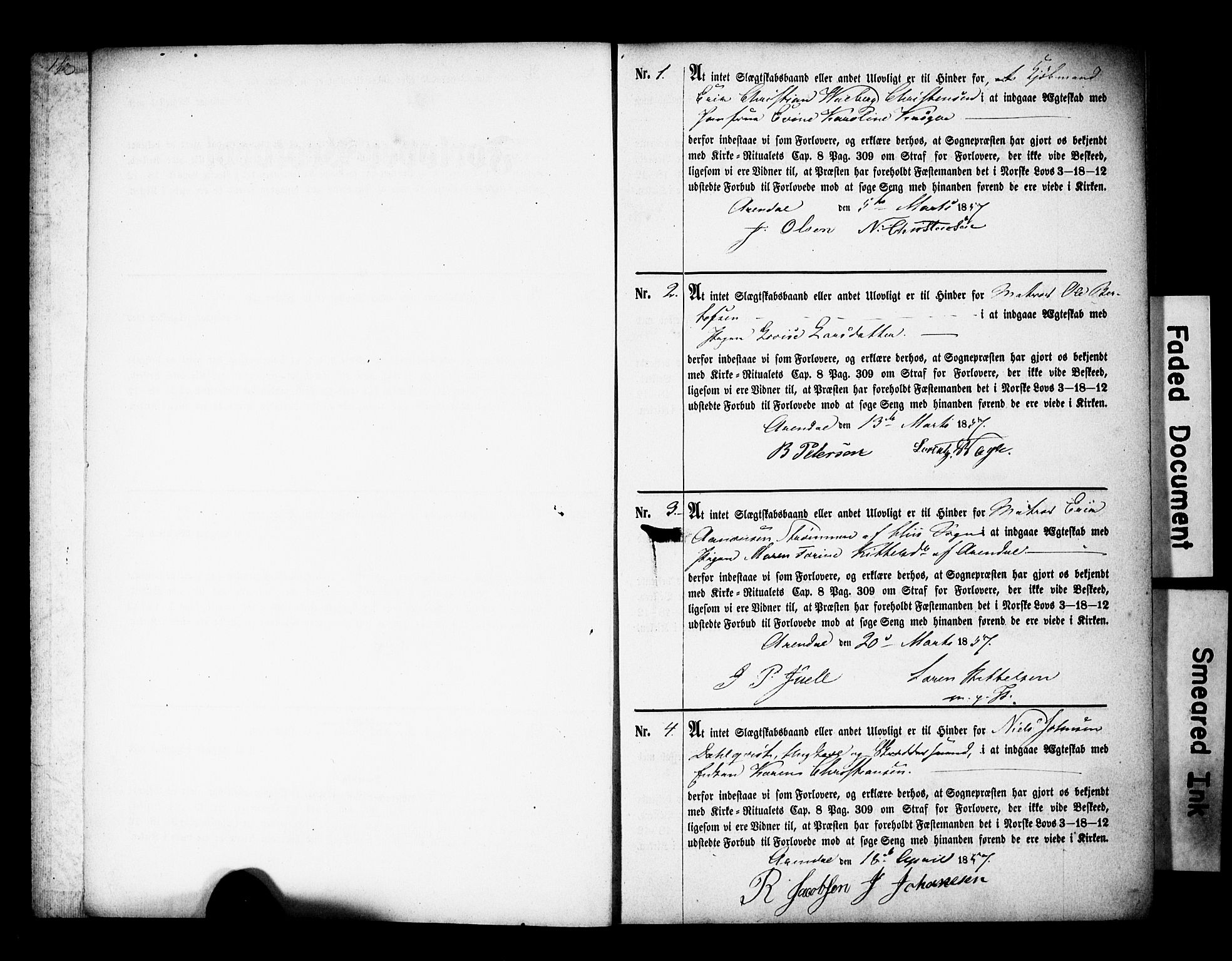 Arendal sokneprestkontor, Trefoldighet, AV/SAK-1111-0040/F/Fe/L0001: Best man's statements no. A VI 1, 1857-1875