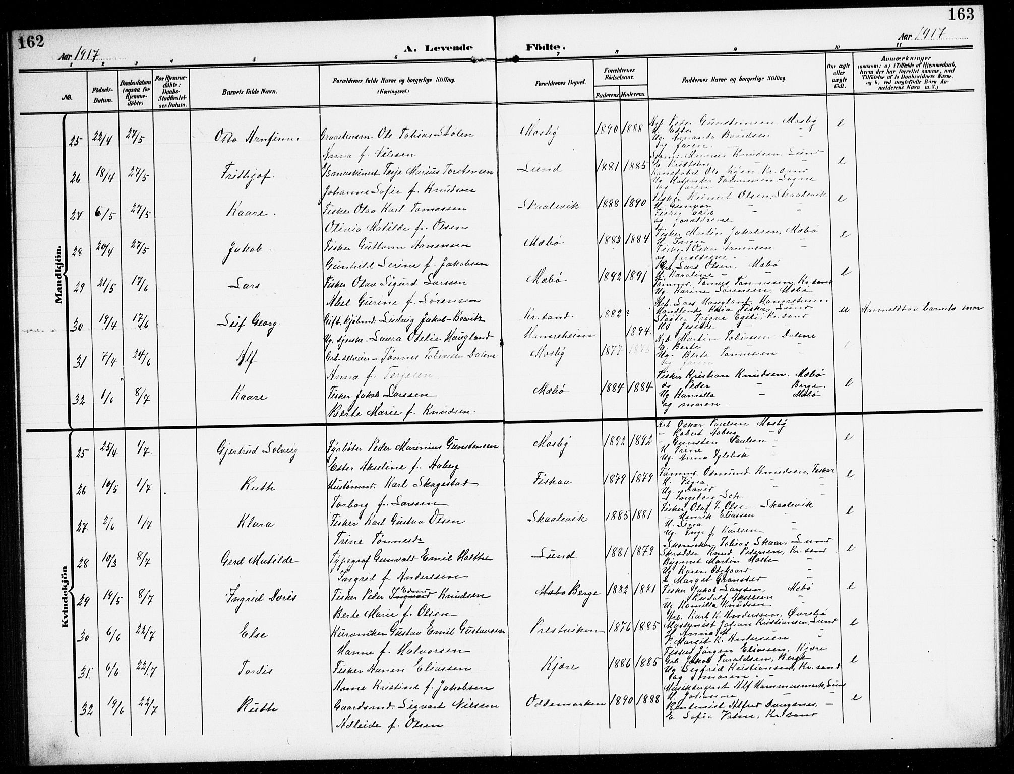 Oddernes sokneprestkontor, SAK/1111-0033/F/Fb/Fba/L0010: Parish register (copy) no. B 10, 1907-1941, p. 162-163