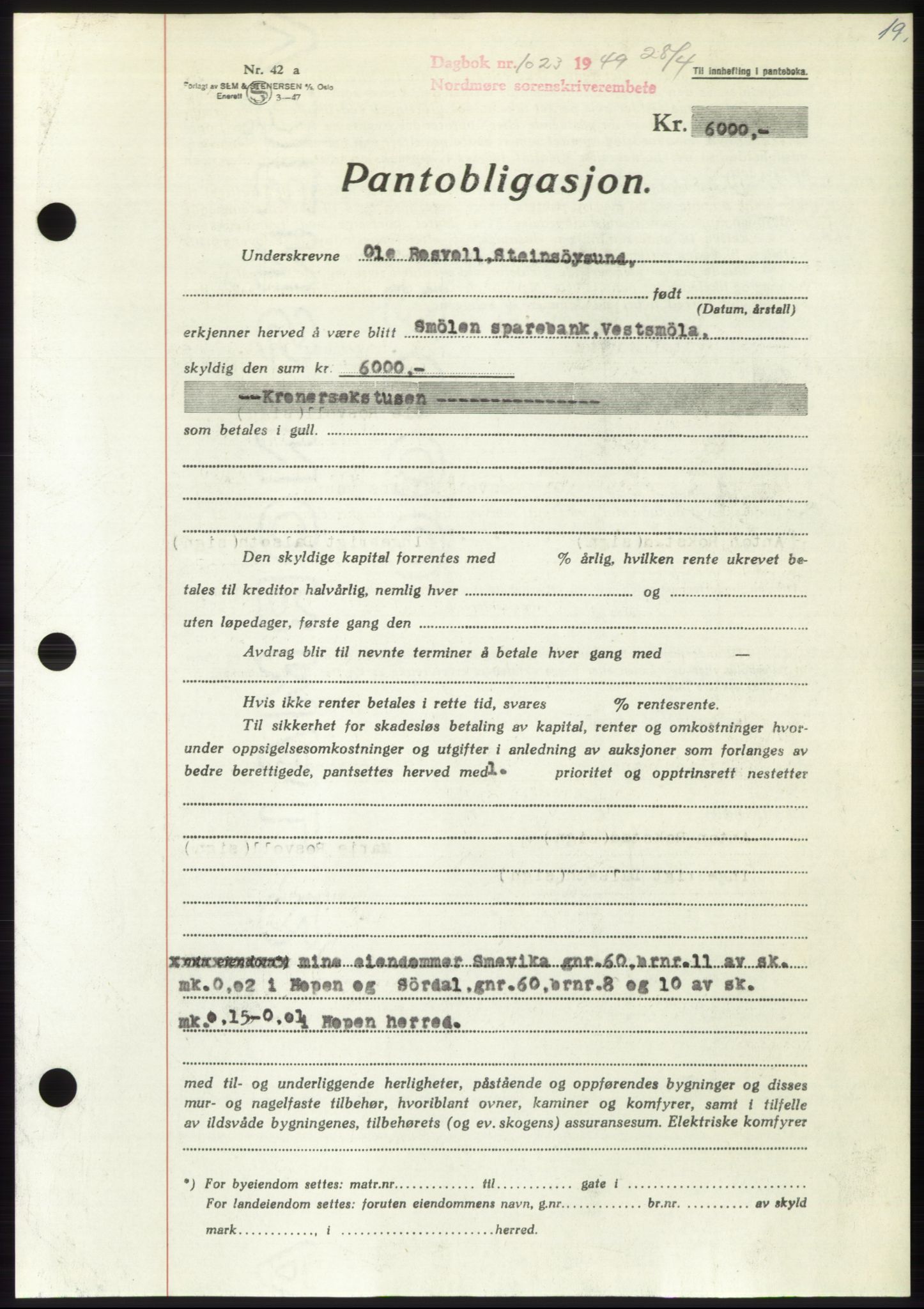 Nordmøre sorenskriveri, AV/SAT-A-4132/1/2/2Ca: Mortgage book no. B101, 1949-1949, Diary no: : 1023/1949