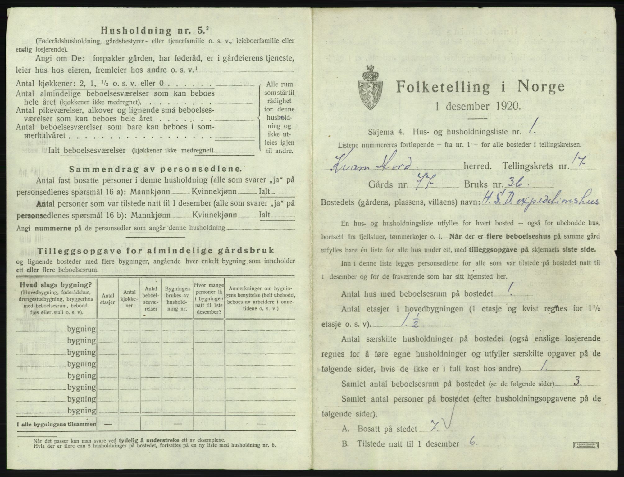 SAB, 1920 census for Kvam, 1920, p. 1308