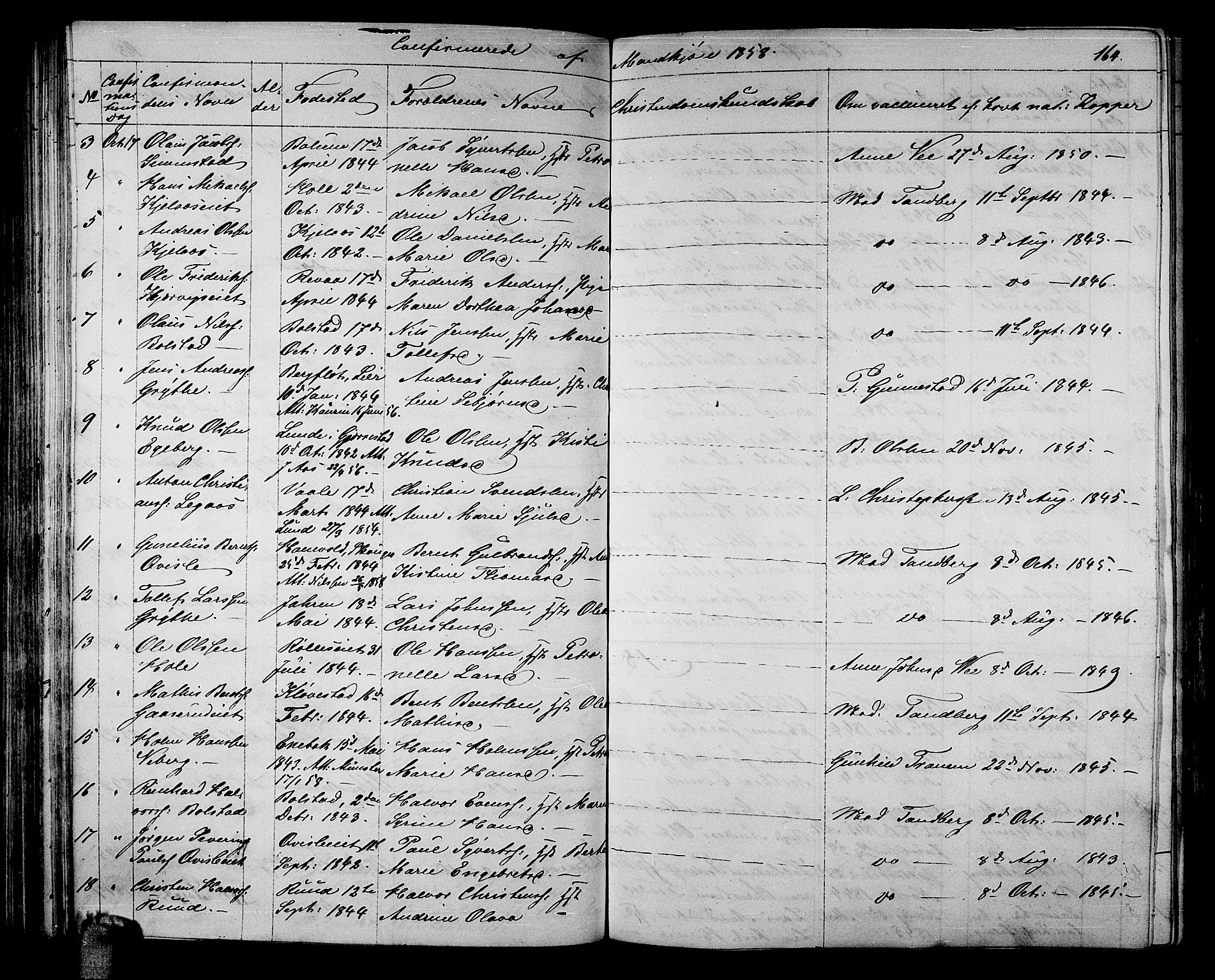 Sande Kirkebøker, AV/SAKO-A-53/G/Ga/L0002: Parish register (copy) no. 2, 1847-1863, p. 164