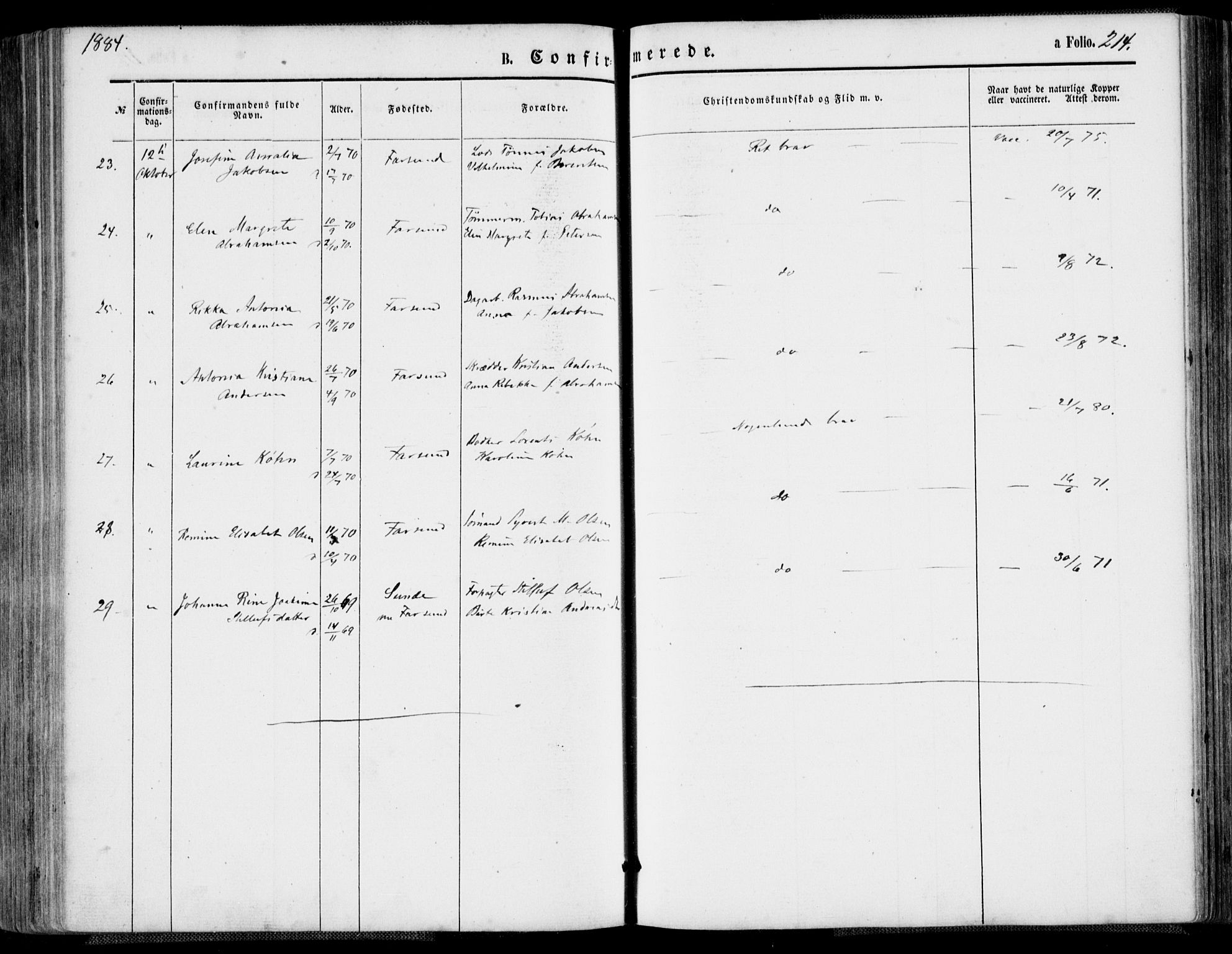 Farsund sokneprestkontor, AV/SAK-1111-0009/F/Fa/L0005: Parish register (official) no. A 5, 1863-1886, p. 214