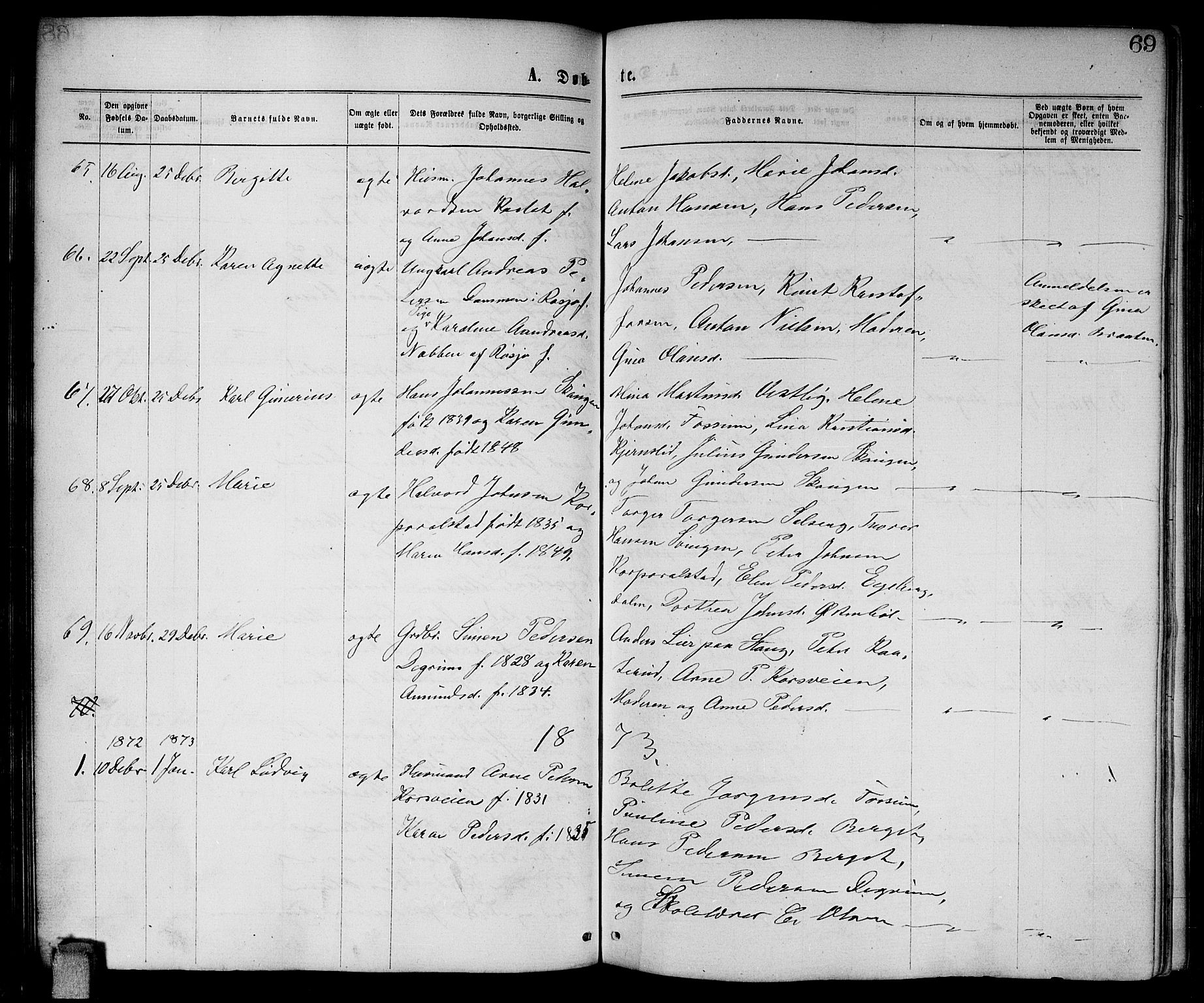 Enebakk prestekontor Kirkebøker, AV/SAO-A-10171c/G/Ga/L0005: Parish register (copy) no. I 5, 1867-1888, p. 69