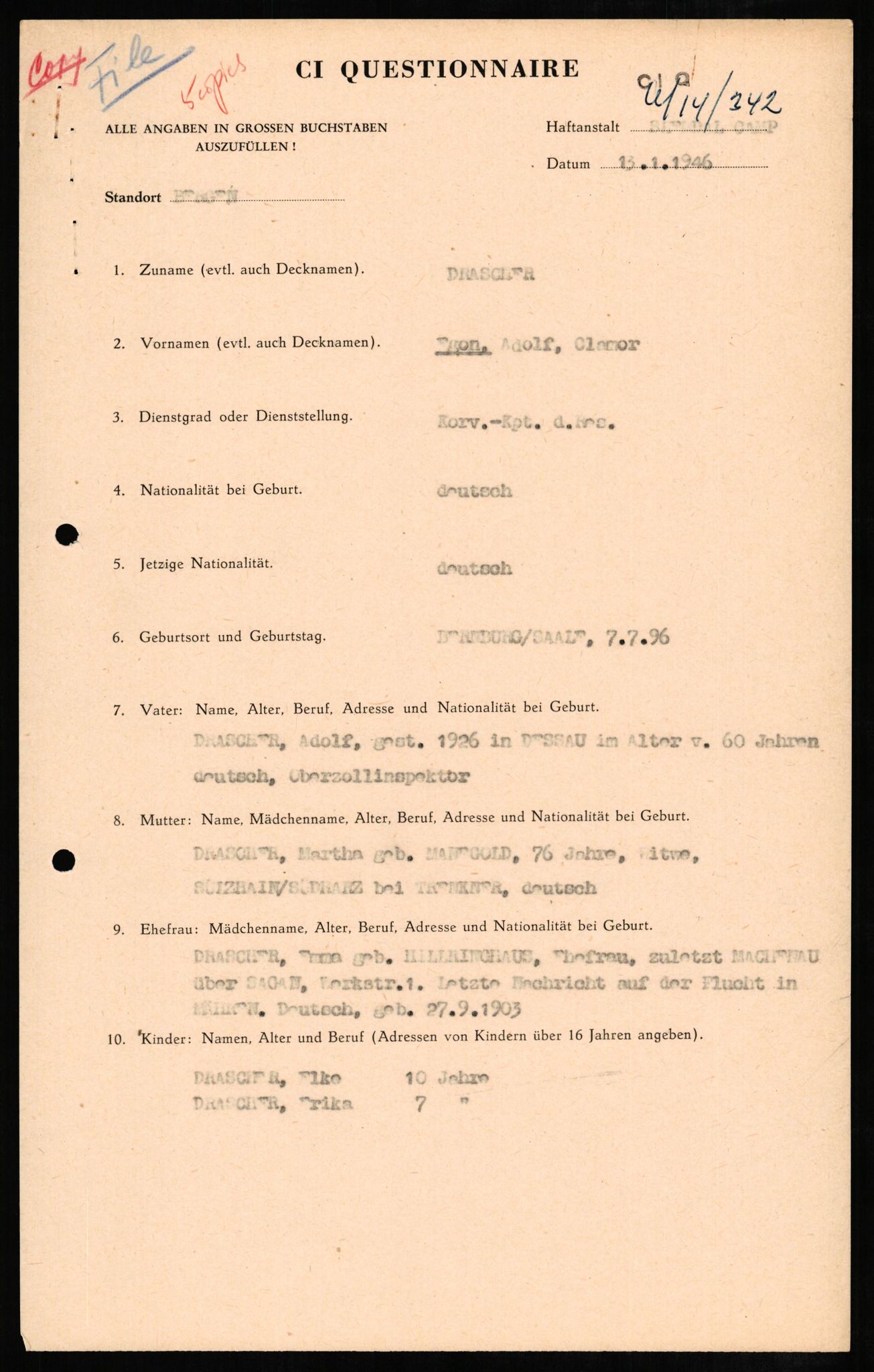 Forsvaret, Forsvarets overkommando II, AV/RA-RAFA-3915/D/Db/L0006: CI Questionaires. Tyske okkupasjonsstyrker i Norge. Tyskere., 1945-1946, p. 182