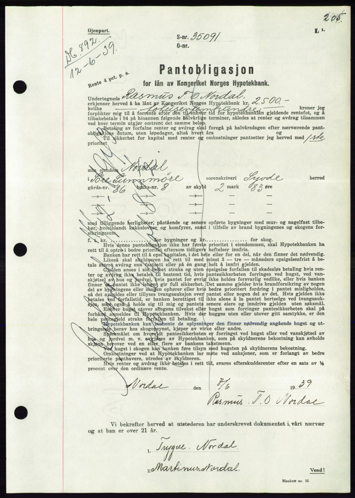 Søre Sunnmøre sorenskriveri, AV/SAT-A-4122/1/2/2C/L0068: Mortgage book no. 62, 1939-1939, Diary no: : 892/1939