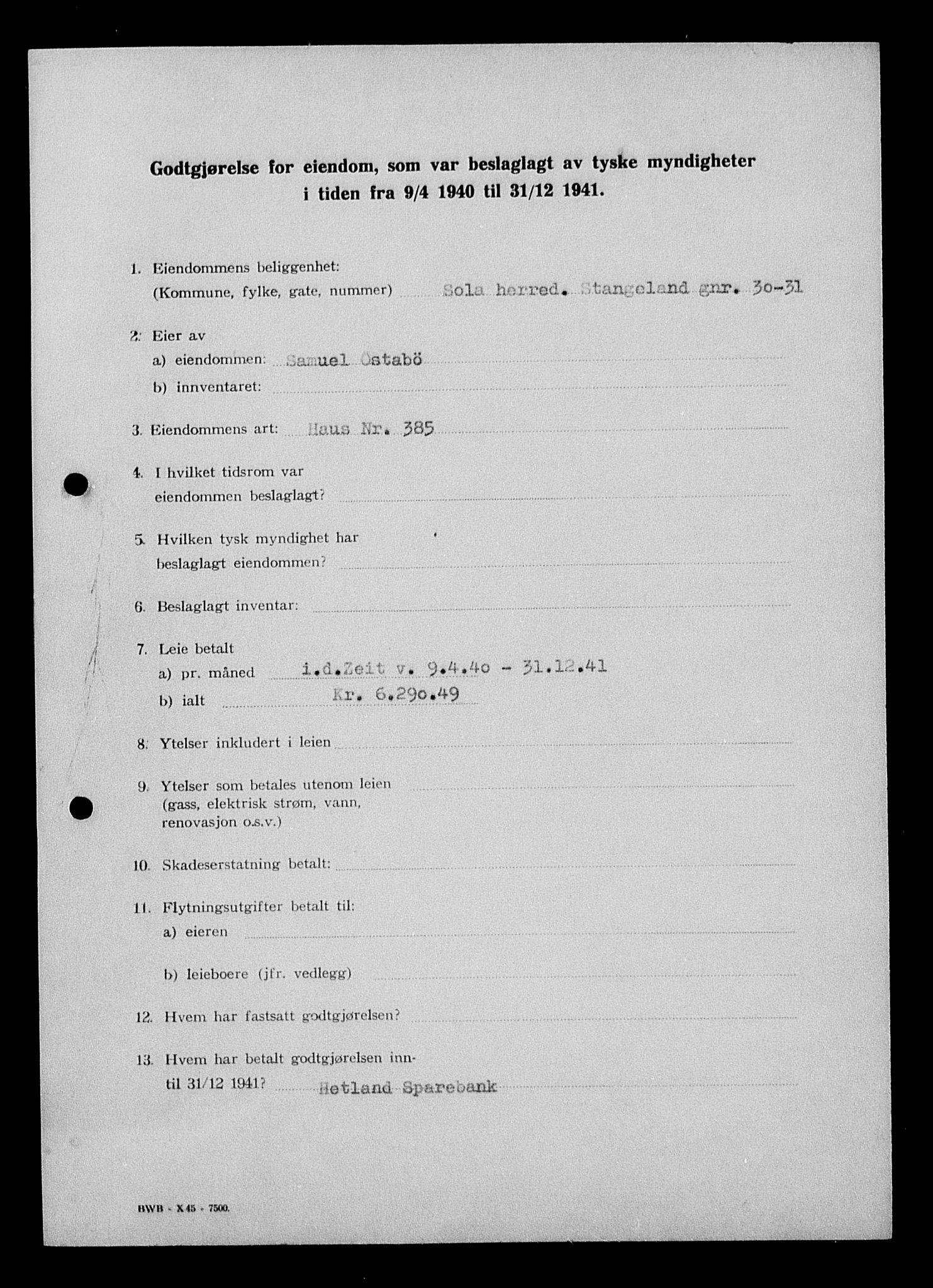 Justisdepartementet, Tilbakeføringskontoret for inndratte formuer, AV/RA-S-1564/I/L1015: Godtgjørelse for beslaglagt eiendom, 1940-1941, p. 427