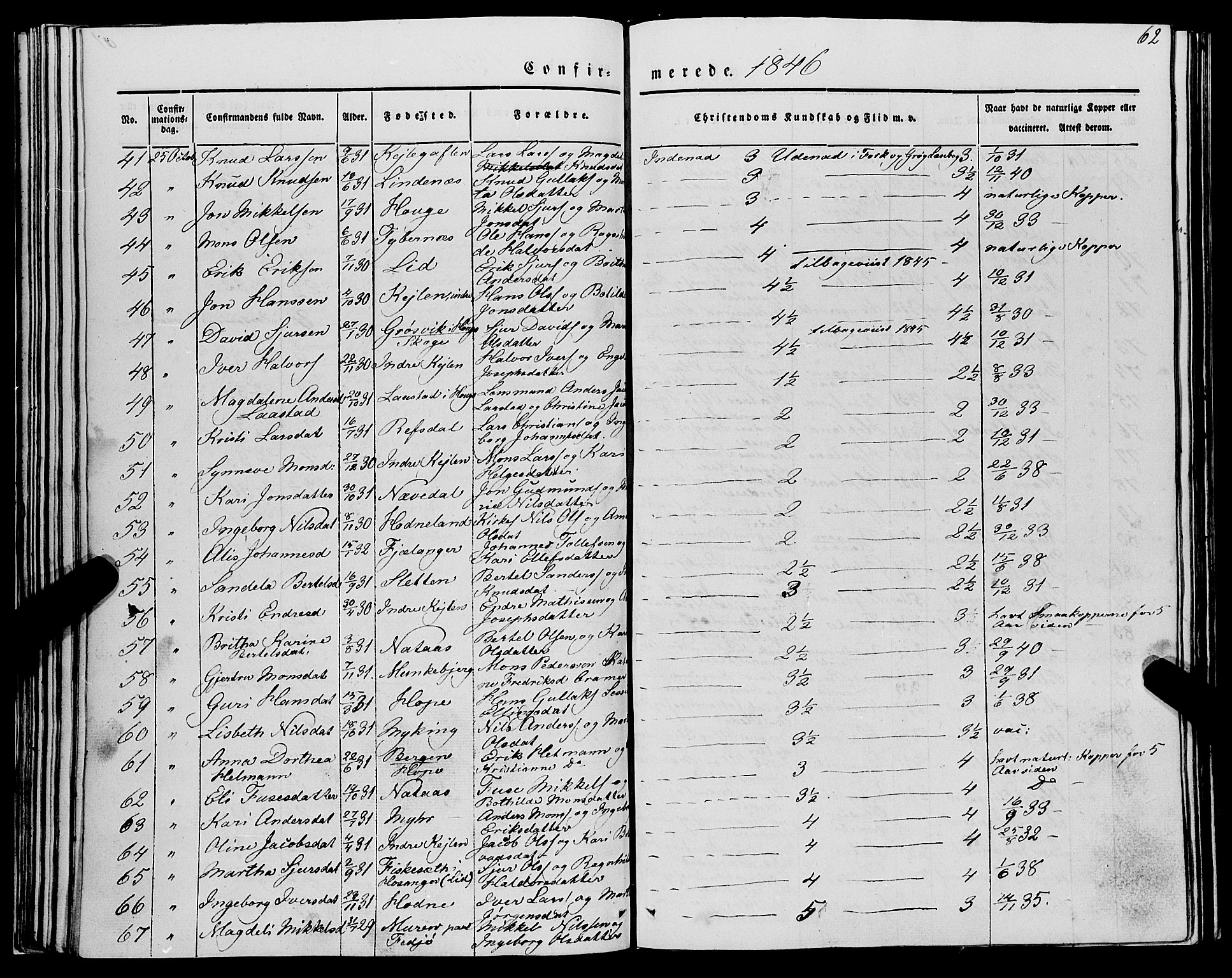Lindås Sokneprestembete, SAB/A-76701/H/Haa: Parish register (official) no. A 12, 1836-1848, p. 62