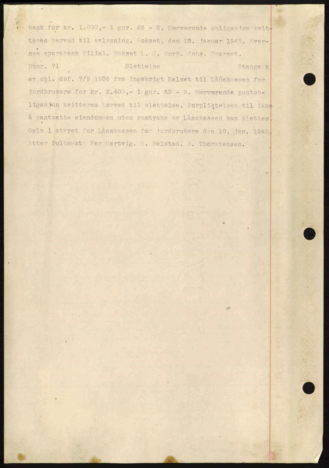 Nordmøre sorenskriveri, AV/SAT-A-4132/1/2/2Ca: Mortgage book no. C81, 1940-1945, Diary no: : 71/1945