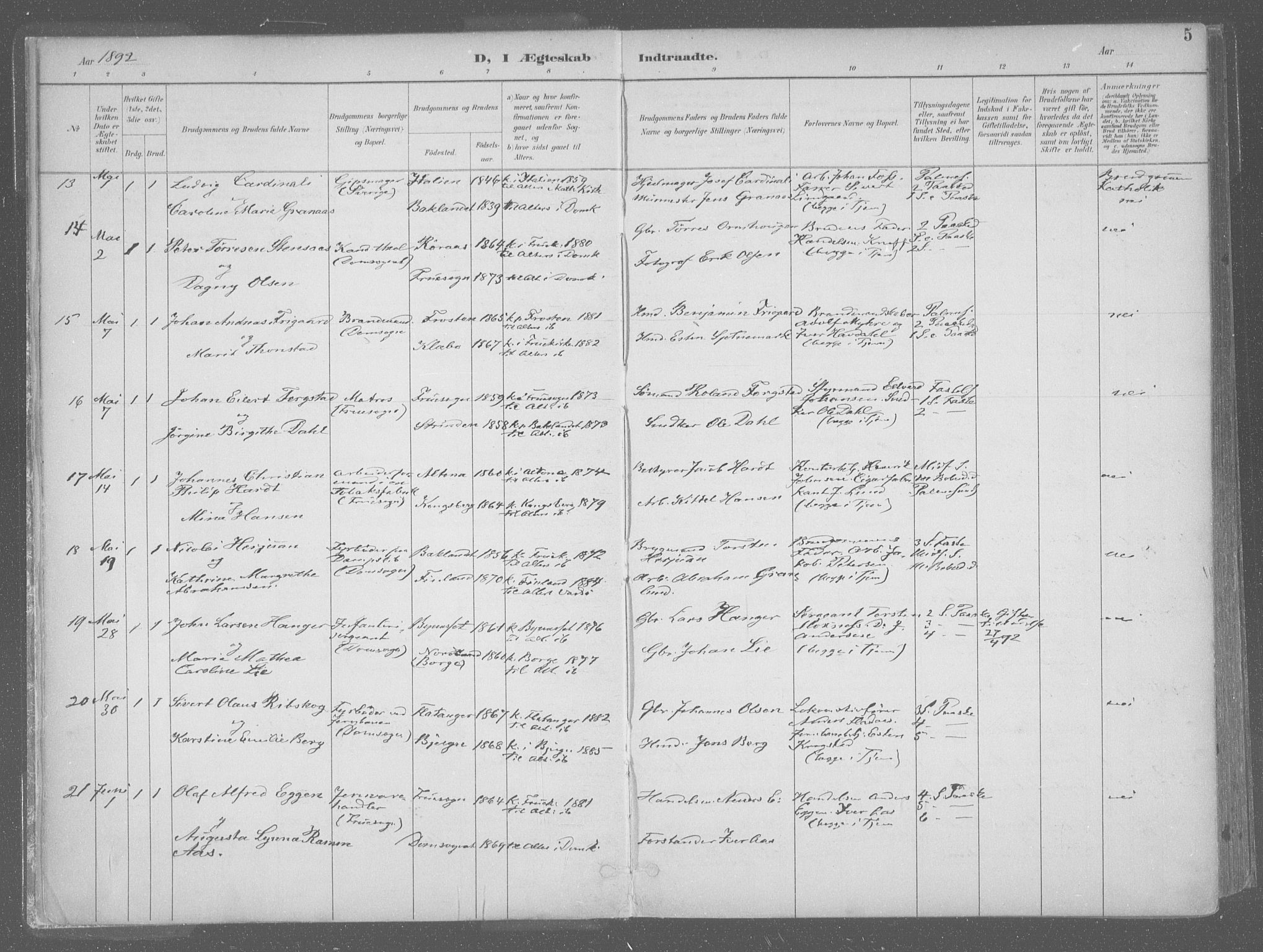 Ministerialprotokoller, klokkerbøker og fødselsregistre - Sør-Trøndelag, SAT/A-1456/601/L0064: Parish register (official) no. 601A31, 1891-1911, p. 5