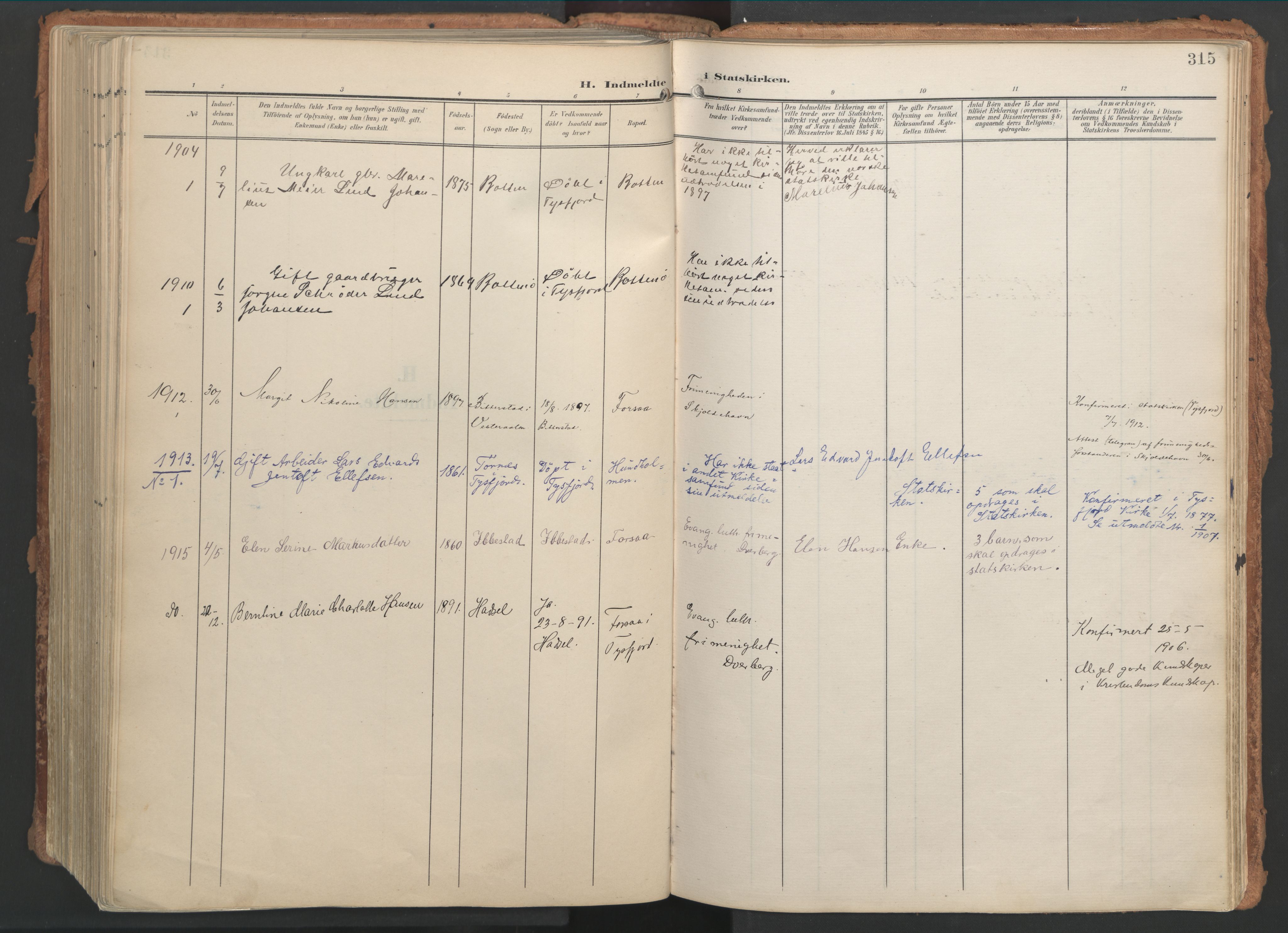 Ministerialprotokoller, klokkerbøker og fødselsregistre - Nordland, SAT/A-1459/861/L0871: Parish register (official) no. 861A06, 1903-1916, p. 315