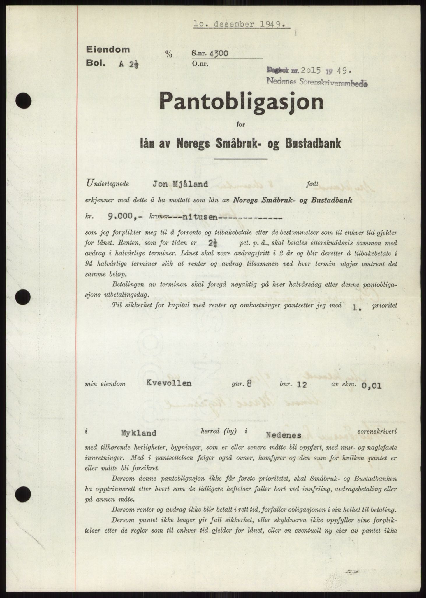 Nedenes sorenskriveri, AV/SAK-1221-0006/G/Gb/Gbb/L0007: Mortgage book no. B7, 1949-1950, Diary no: : 2015/1949