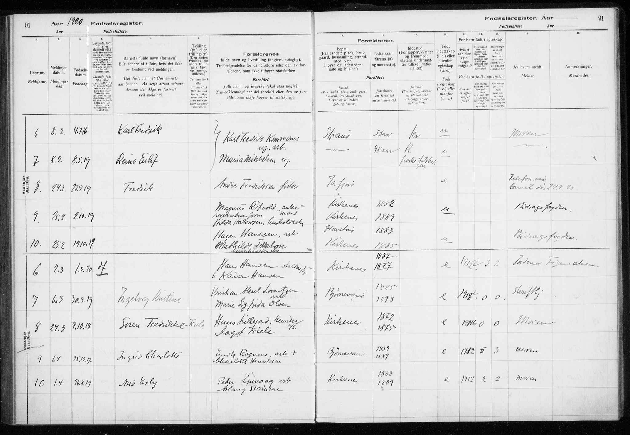 Sør-Varanger sokneprestkontor, AV/SATØ-S-1331/I/Ia/L0016: Birth register no. 16, 1915-1925, p. 91