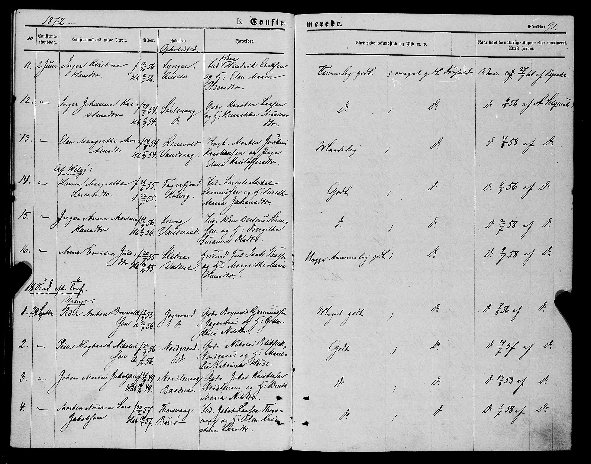 Karlsøy sokneprestembete, AV/SATØ-S-1299/H/Ha/Haa/L0005kirke: Parish register (official) no. 5, 1872-1878, p. 91