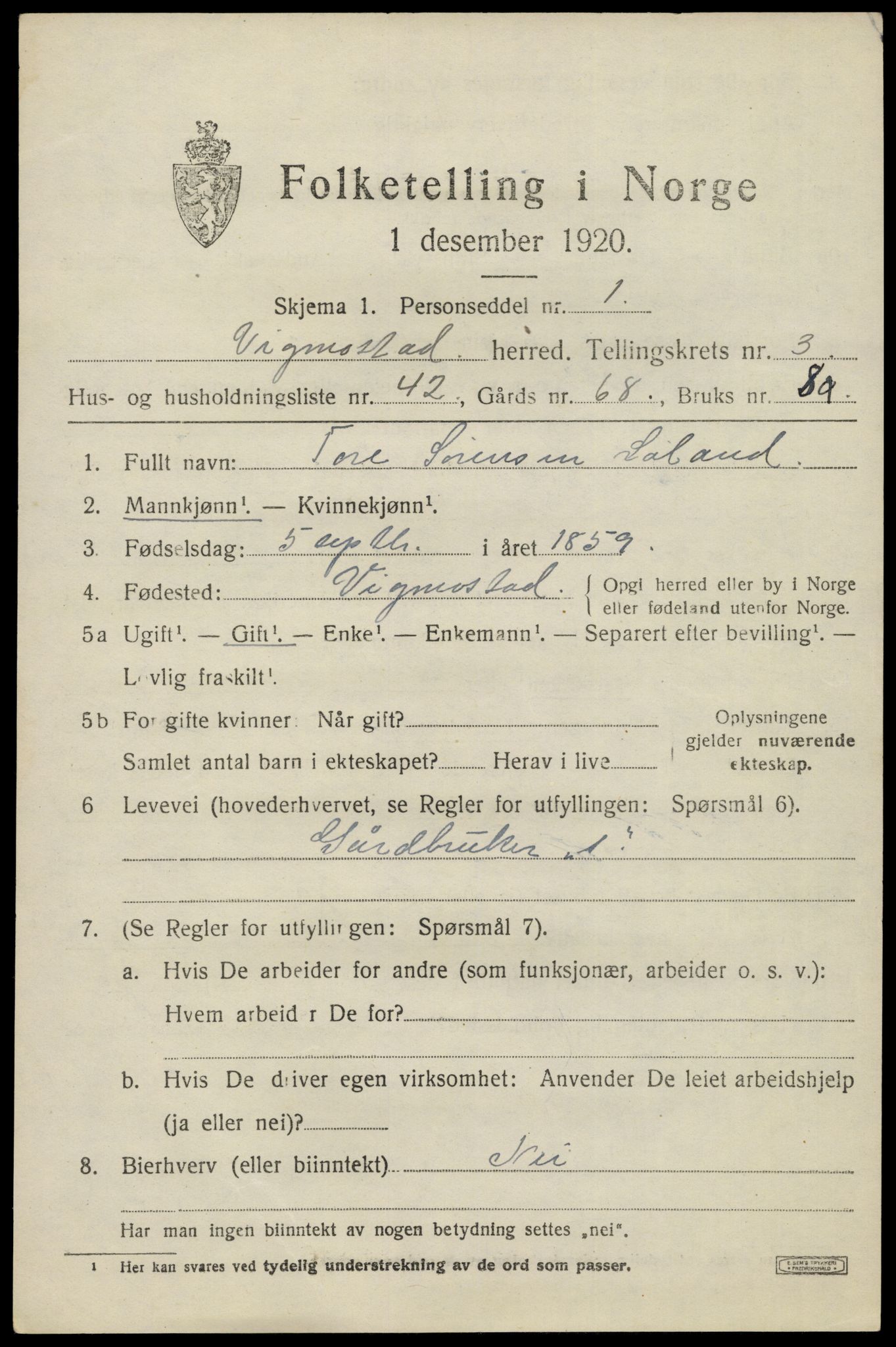 SAK, 1920 census for Vigmostad, 1920, p. 1163