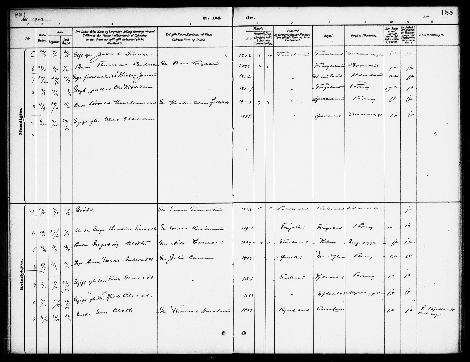 Bjelland sokneprestkontor, SAK/1111-0005/F/Fa/Fab/L0004: Parish register (official) no. A 4, 1887-1920, p. 188