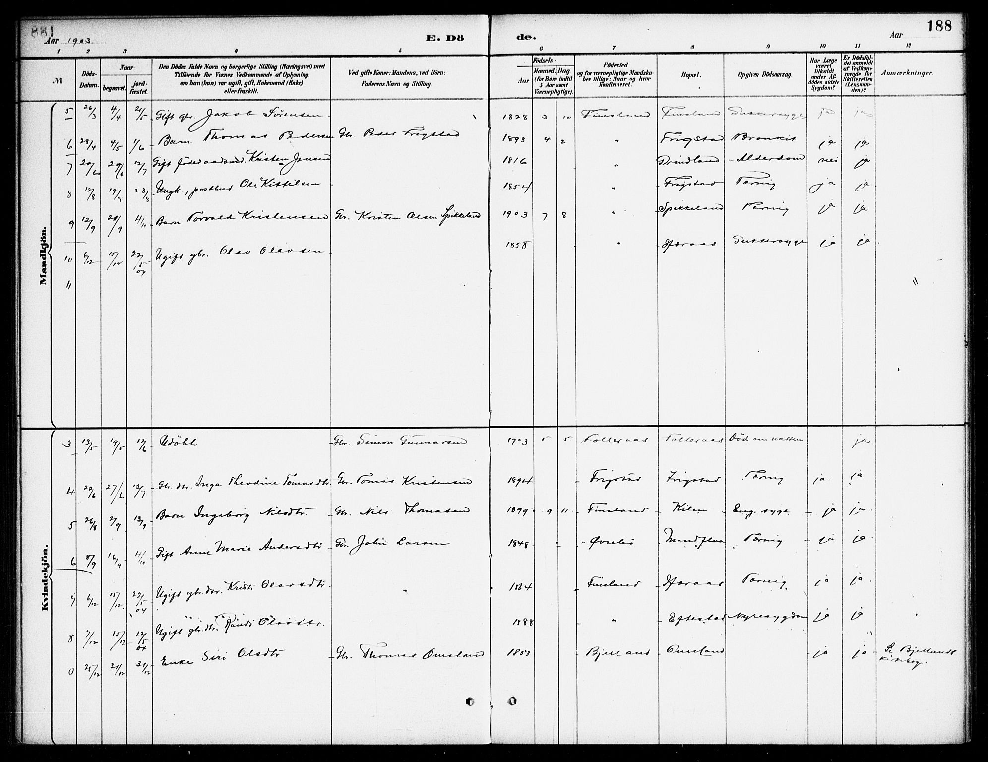 Bjelland sokneprestkontor, AV/SAK-1111-0005/F/Fa/Fab/L0004: Parish register (official) no. A 4, 1887-1920, p. 188