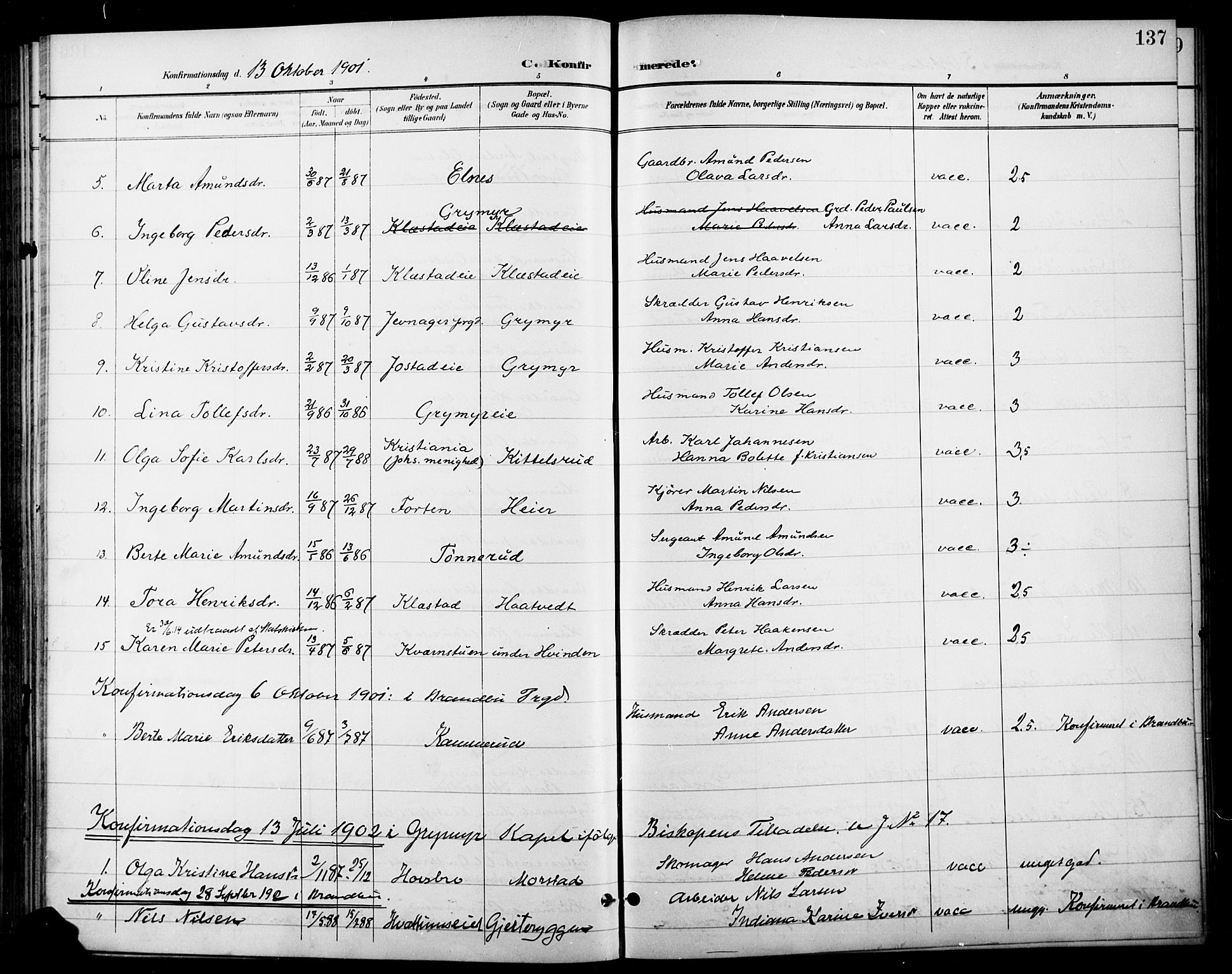 Gran prestekontor, SAH/PREST-112/H/Ha/Haa/L0019: Parish register (official) no. 19, 1898-1907, p. 137