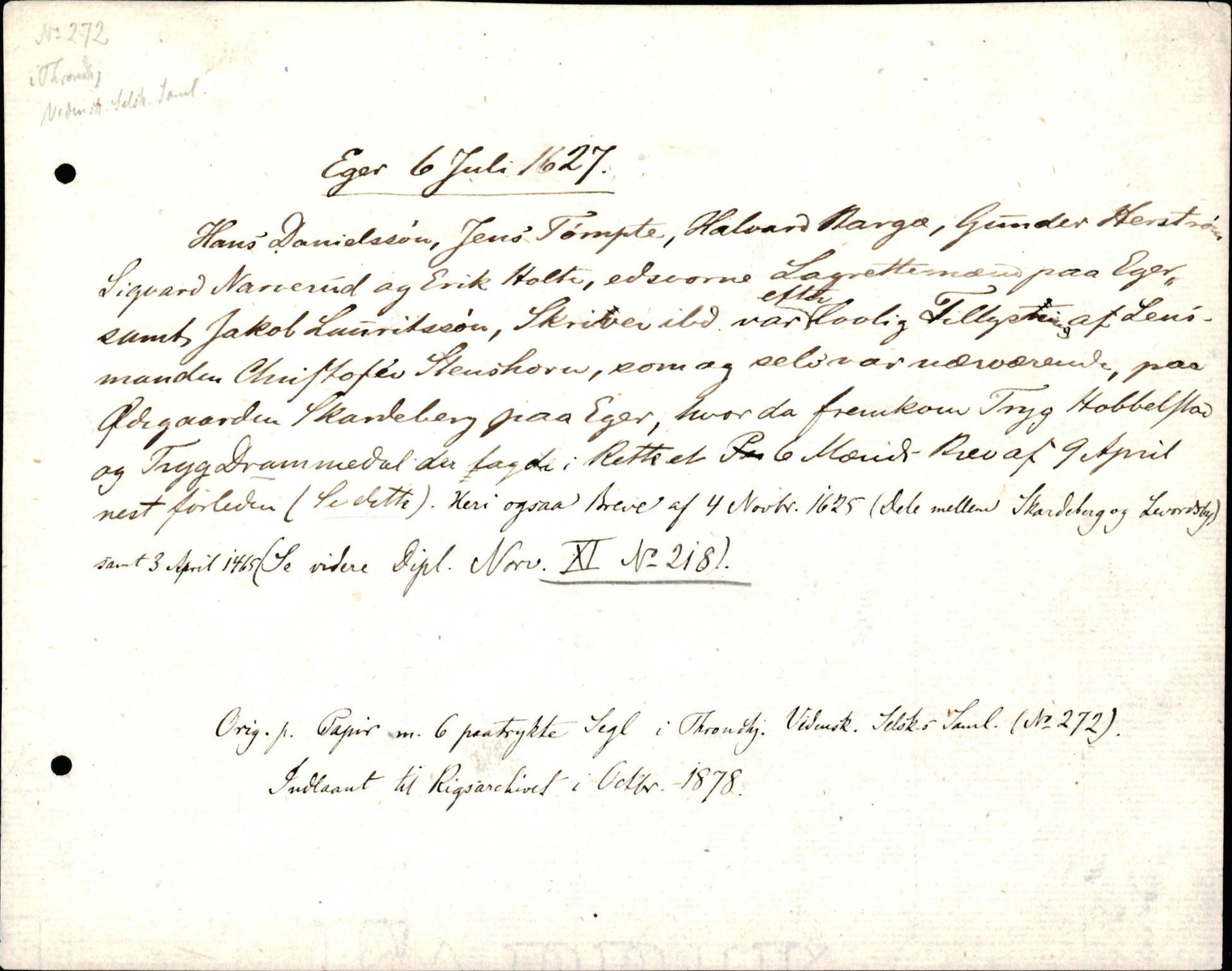 Riksarkivets diplomsamling, AV/RA-EA-5965/F35/F35d/L0003: Innlånte diplomer, seddelregister, 1621-1642, p. 179