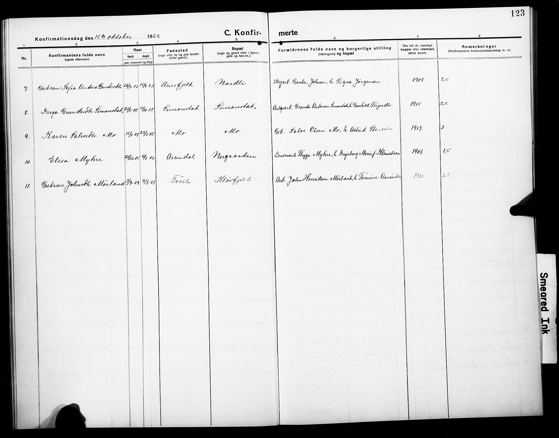 Åmli sokneprestkontor, SAK/1111-0050/F/Fb/Fbc/L0006: Parish register (copy) no. B 6, 1915-1929, p. 123