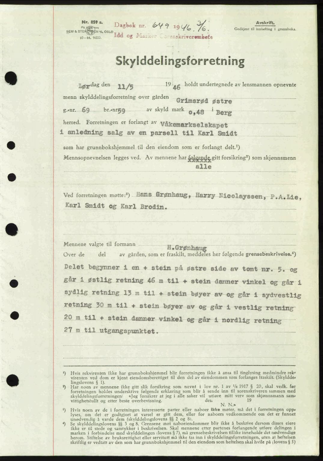 Idd og Marker sorenskriveri, AV/SAO-A-10283/G/Gb/Gbb/L0008: Mortgage book no. A8, 1946-1946, Diary no: : 649/1946