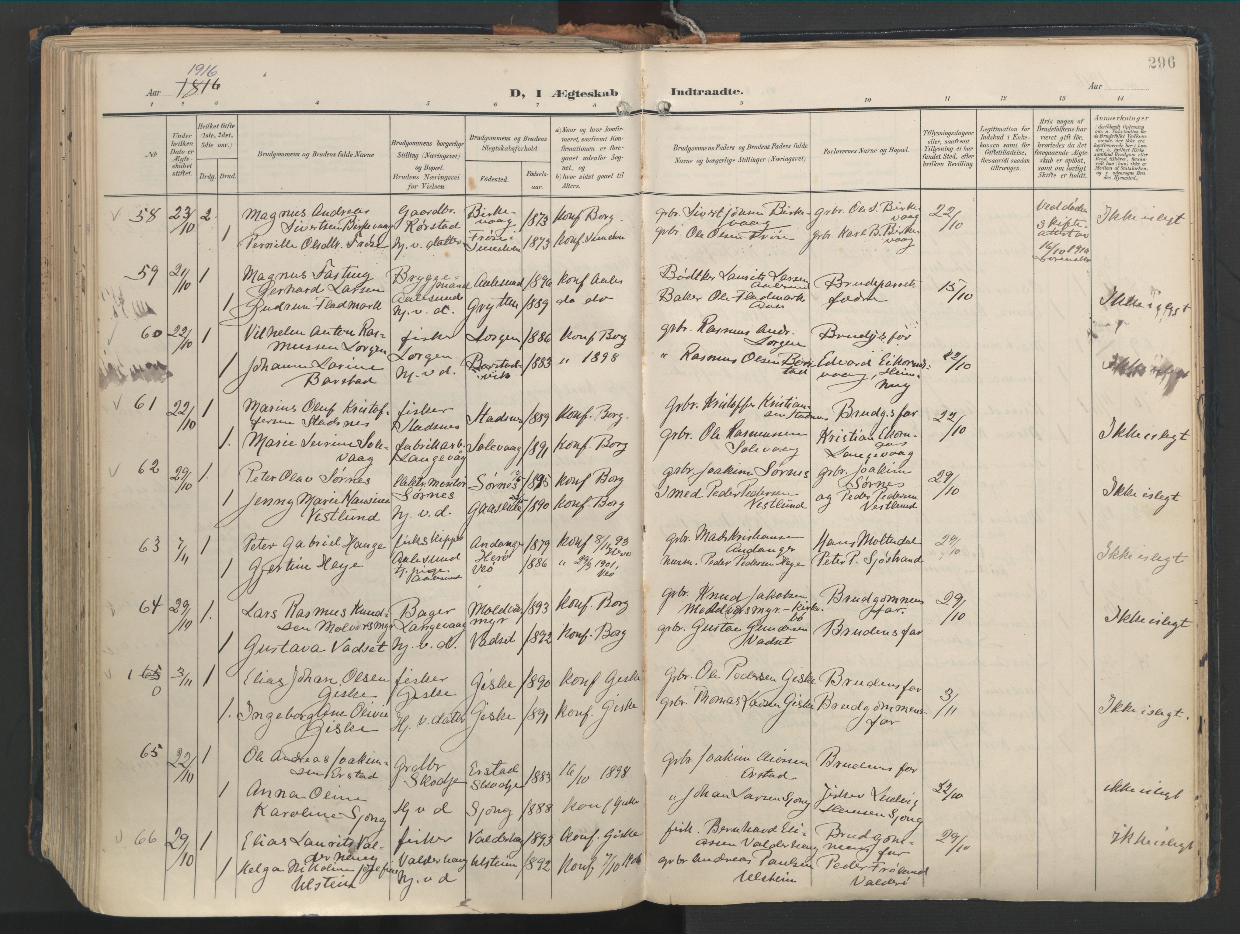 Ministerialprotokoller, klokkerbøker og fødselsregistre - Møre og Romsdal, AV/SAT-A-1454/528/L0411: Parish register (official) no. 528A20, 1907-1920, p. 296