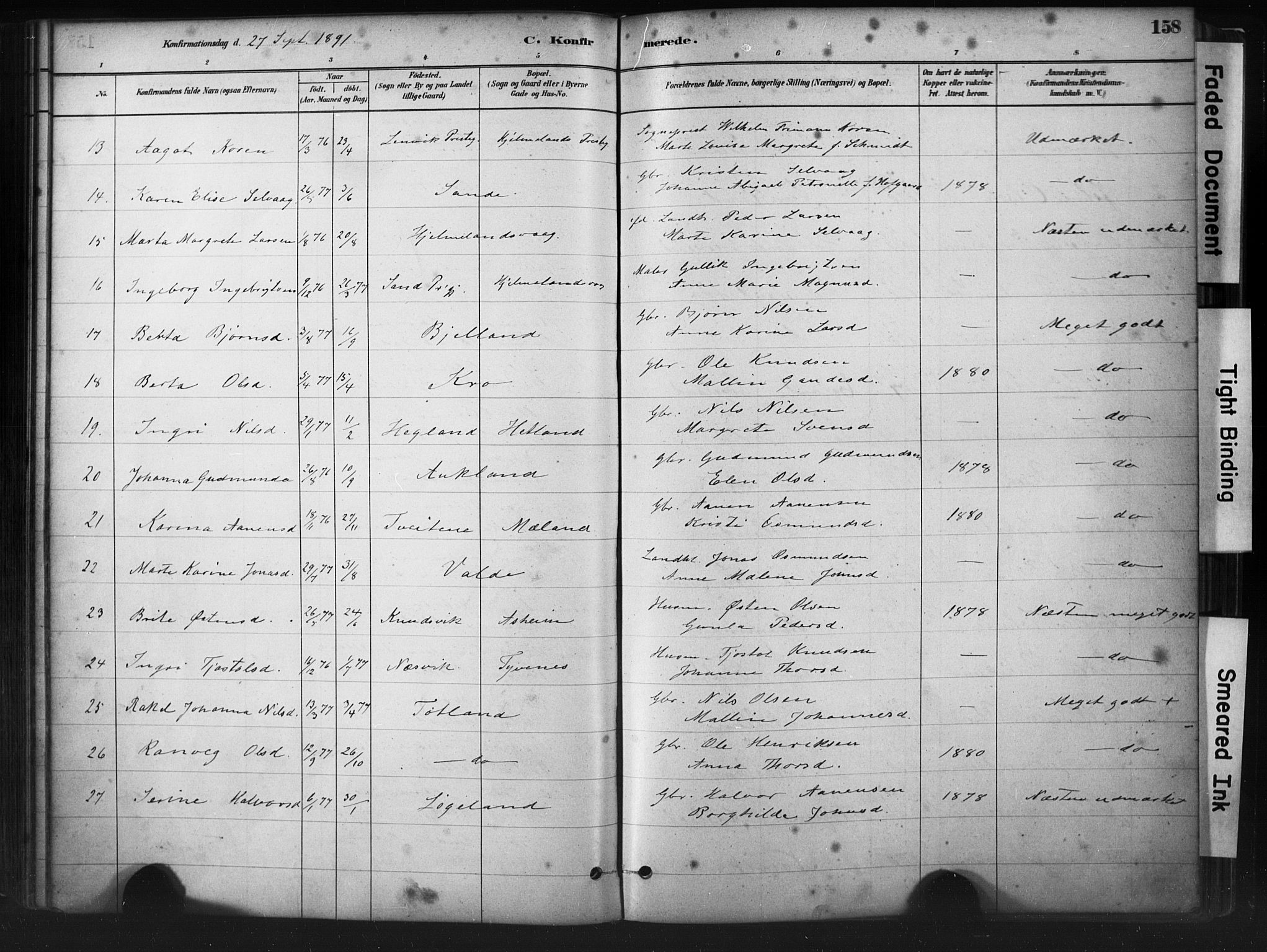 Hjelmeland sokneprestkontor, AV/SAST-A-101843/01/IV/L0014: Parish register (official) no. A 14, 1879-1900, p. 158