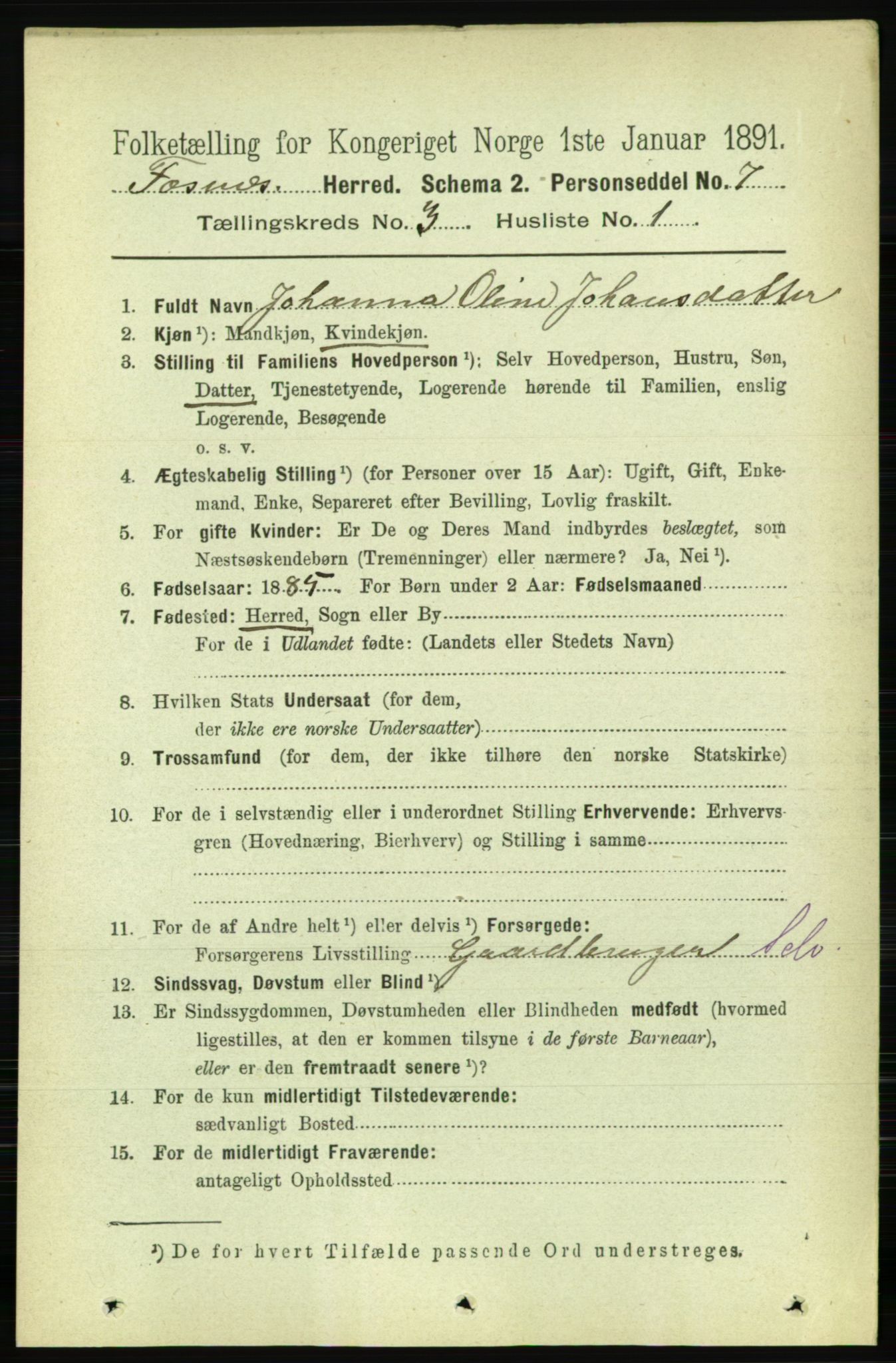 RA, 1891 census for 1748 Fosnes, 1891, p. 707