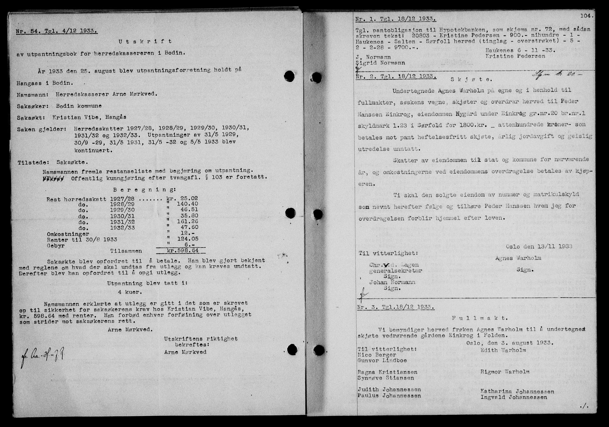Salten sorenskriveri, SAT/A-4578/1/2/2C/L0064: Mortgage book no. 54, 1933-1934, Deed date: 18.12.1933