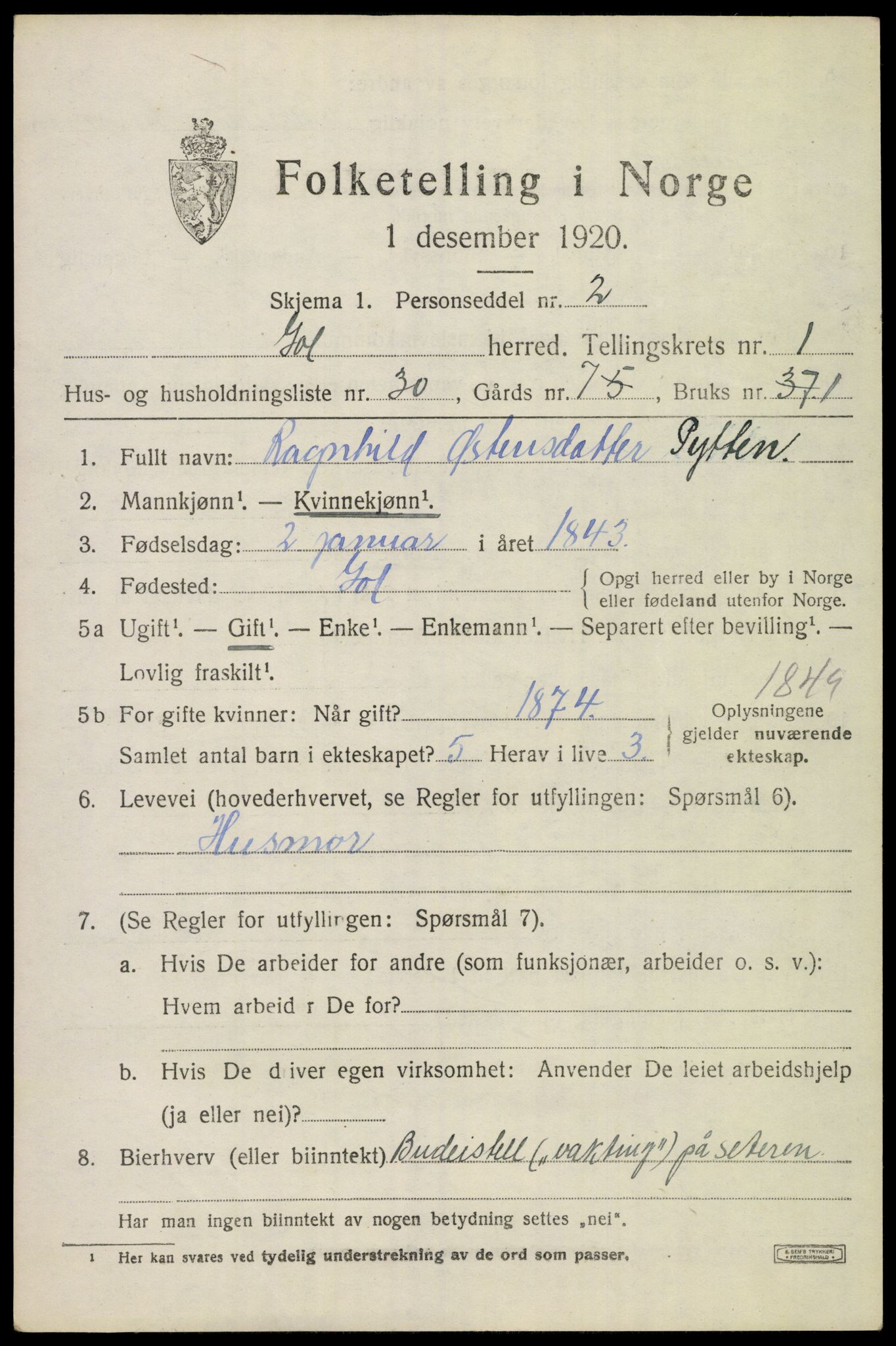 SAKO, 1920 census for Gol, 1920, p. 1208