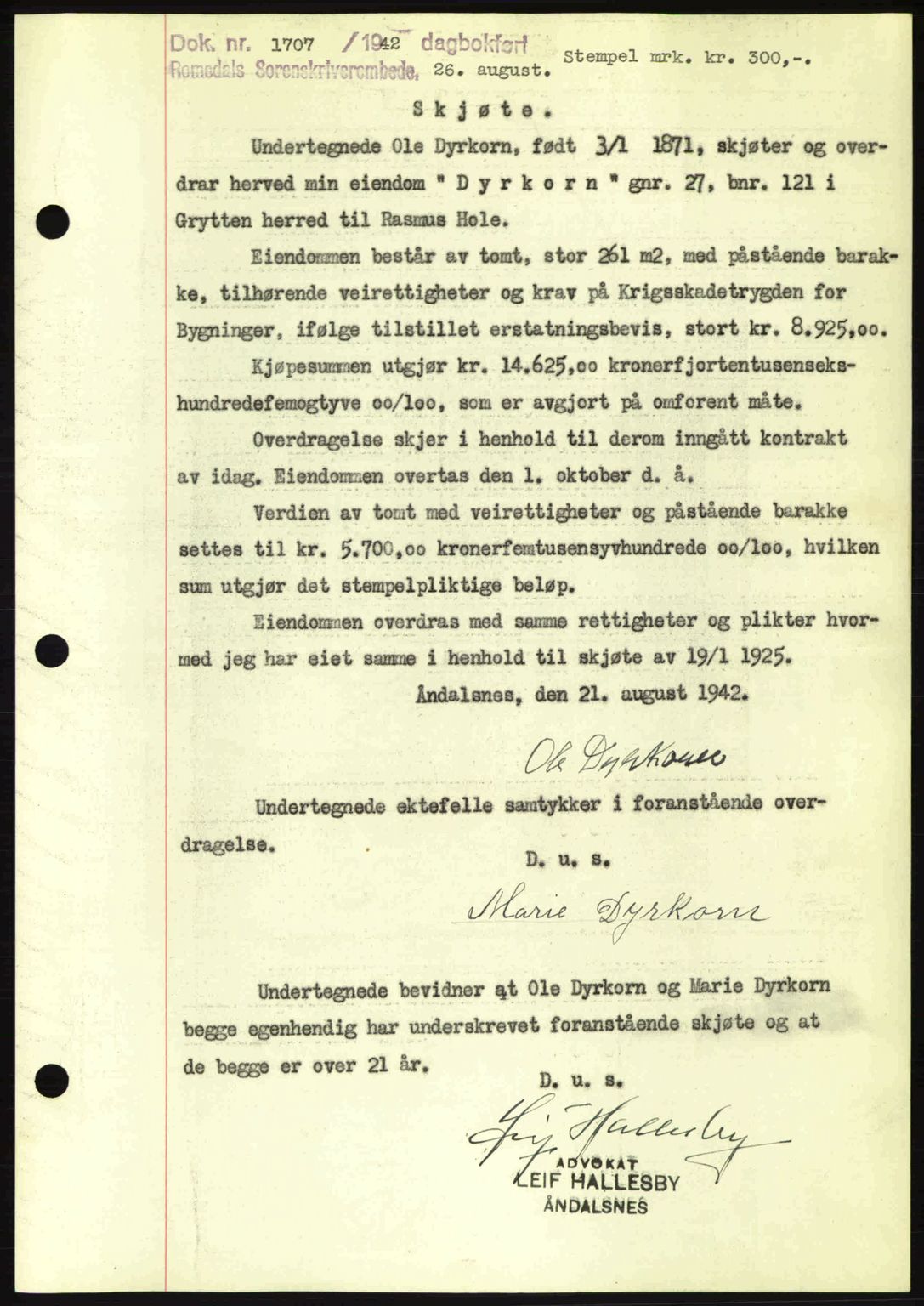 Romsdal sorenskriveri, AV/SAT-A-4149/1/2/2C: Mortgage book no. A12, 1942-1942, Diary no: : 1707/1942