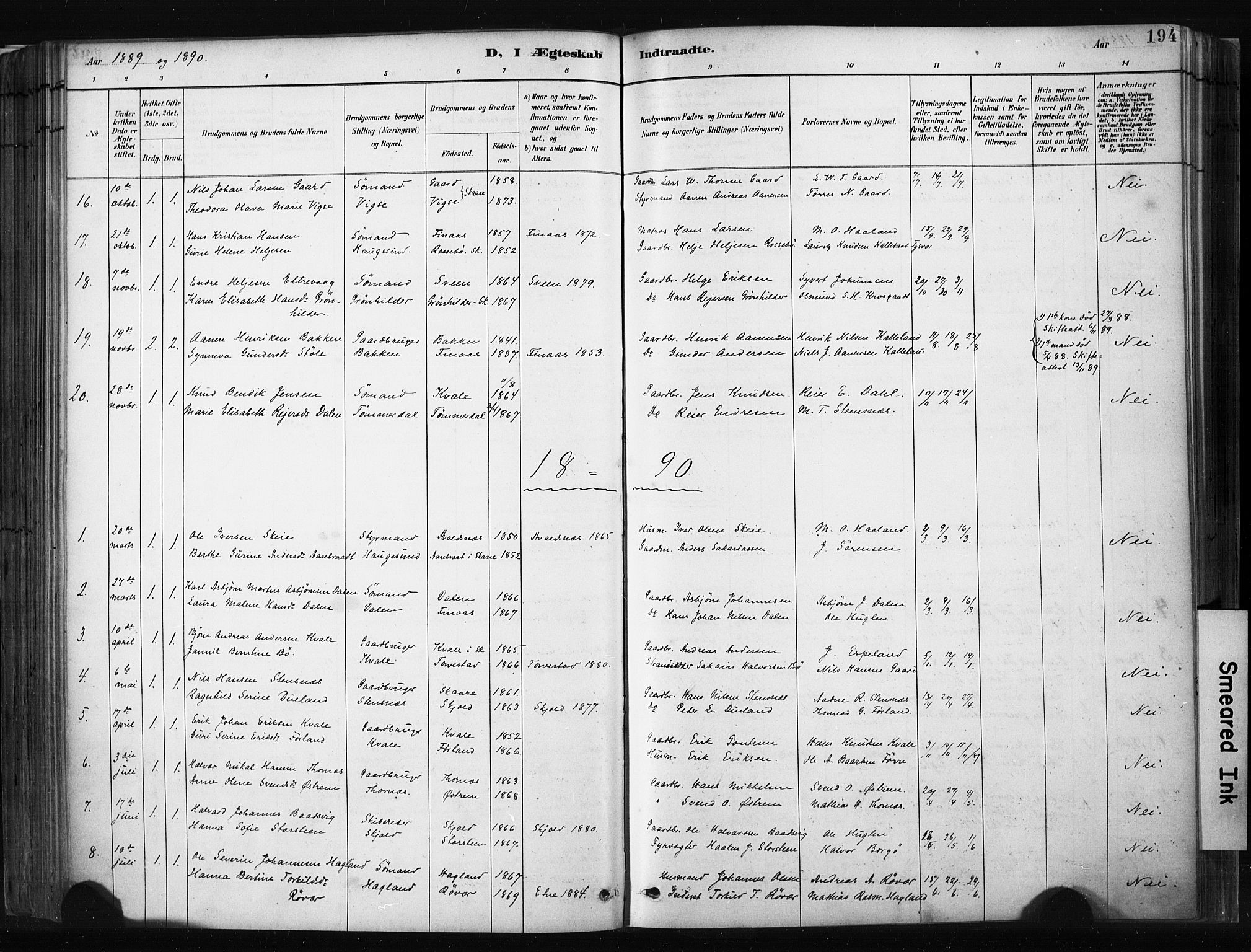 Haugesund sokneprestkontor, SAST/A -101863/H/Ha/Haa/L0004: Parish register (official) no. A 4, 1886-1908, p. 194