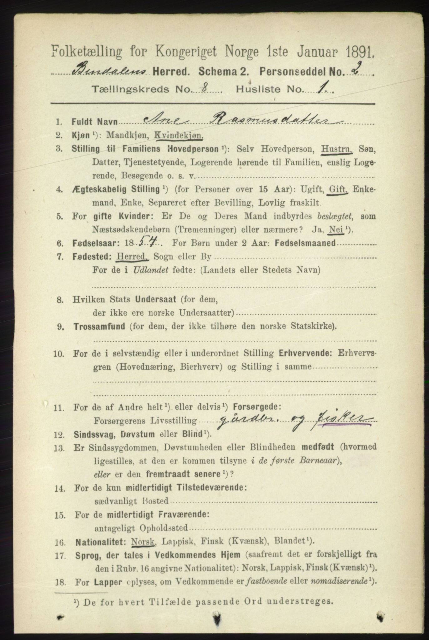 RA, 1891 census for 1811 Bindal, 1891, p. 2611