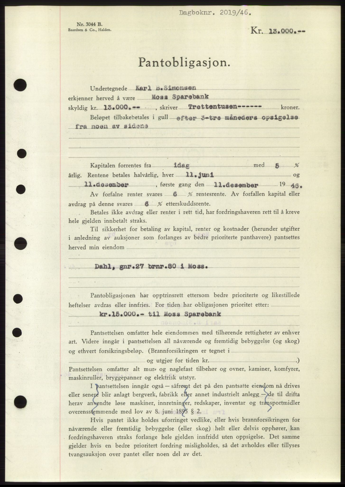 Moss sorenskriveri, AV/SAO-A-10168: Mortgage book no. B15, 1946-1946, Diary no: : 2019/1946