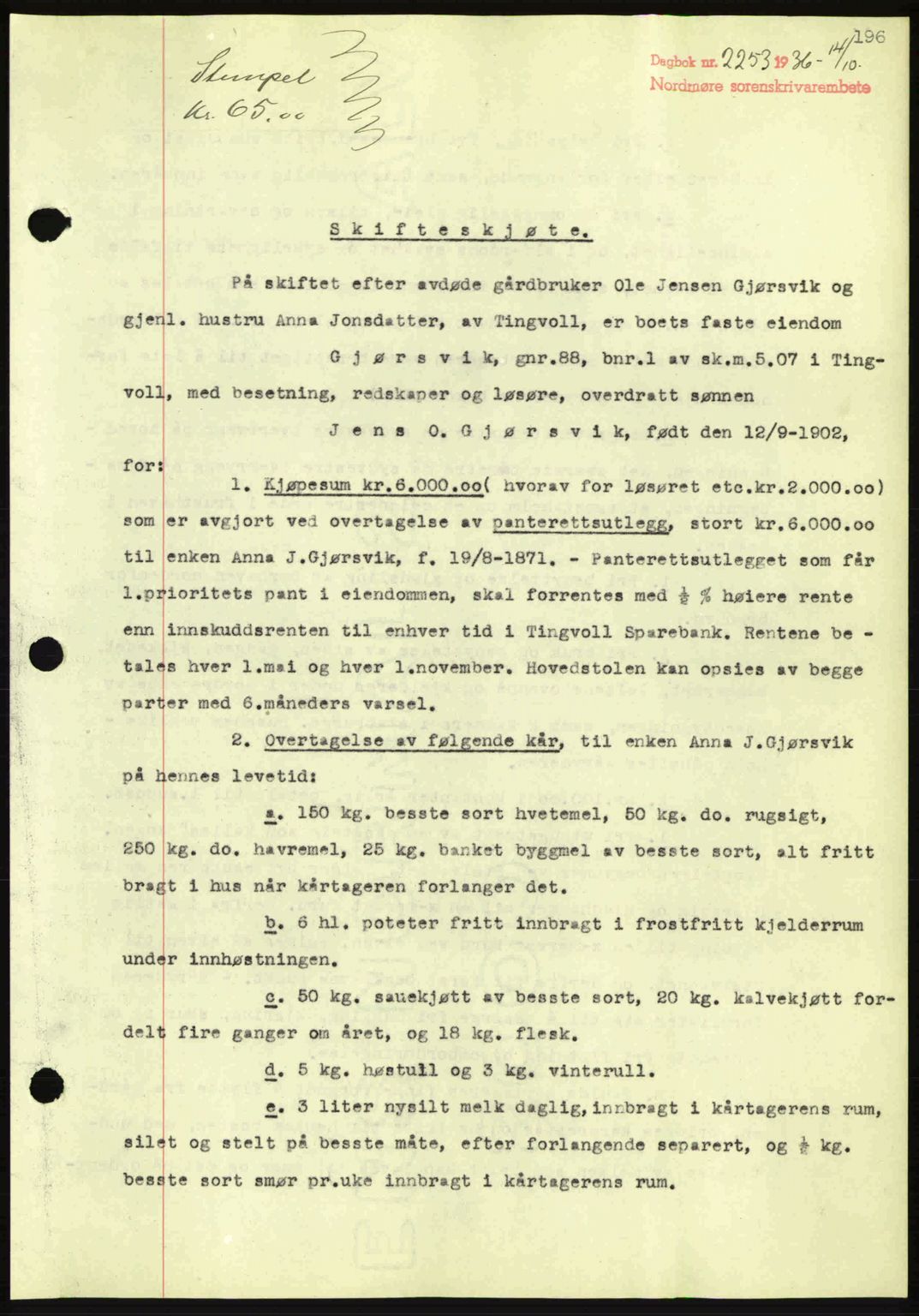 Nordmøre sorenskriveri, AV/SAT-A-4132/1/2/2Ca: Mortgage book no. A80, 1936-1937, Diary no: : 2253/1936