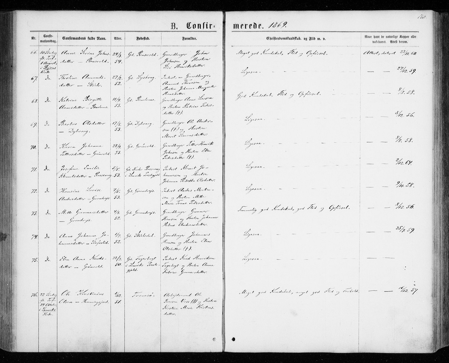 Tranøy sokneprestkontor, AV/SATØ-S-1313/I/Ia/Iaa/L0008kirke: Parish register (official) no. 8, 1867-1877, p. 160