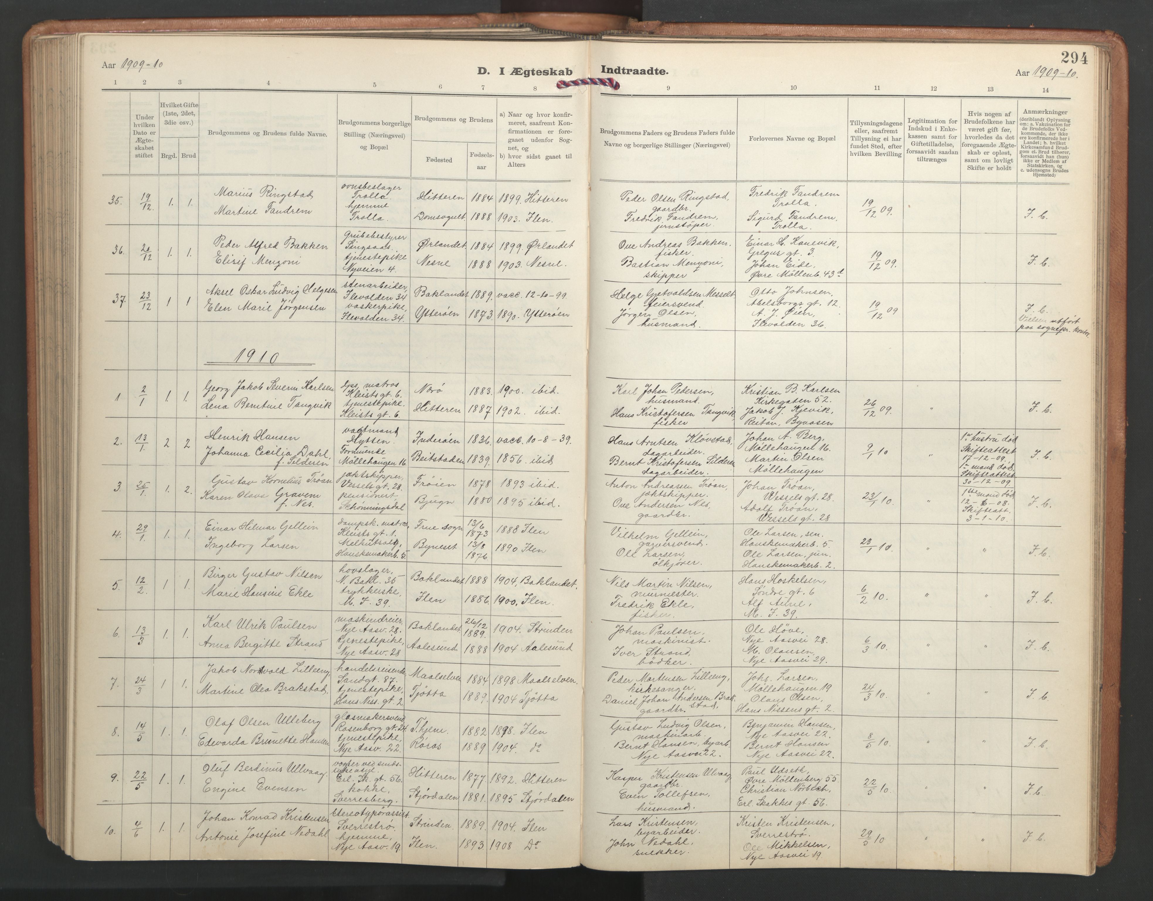 Ministerialprotokoller, klokkerbøker og fødselsregistre - Sør-Trøndelag, SAT/A-1456/603/L0173: Parish register (copy) no. 603C01, 1907-1962, p. 294