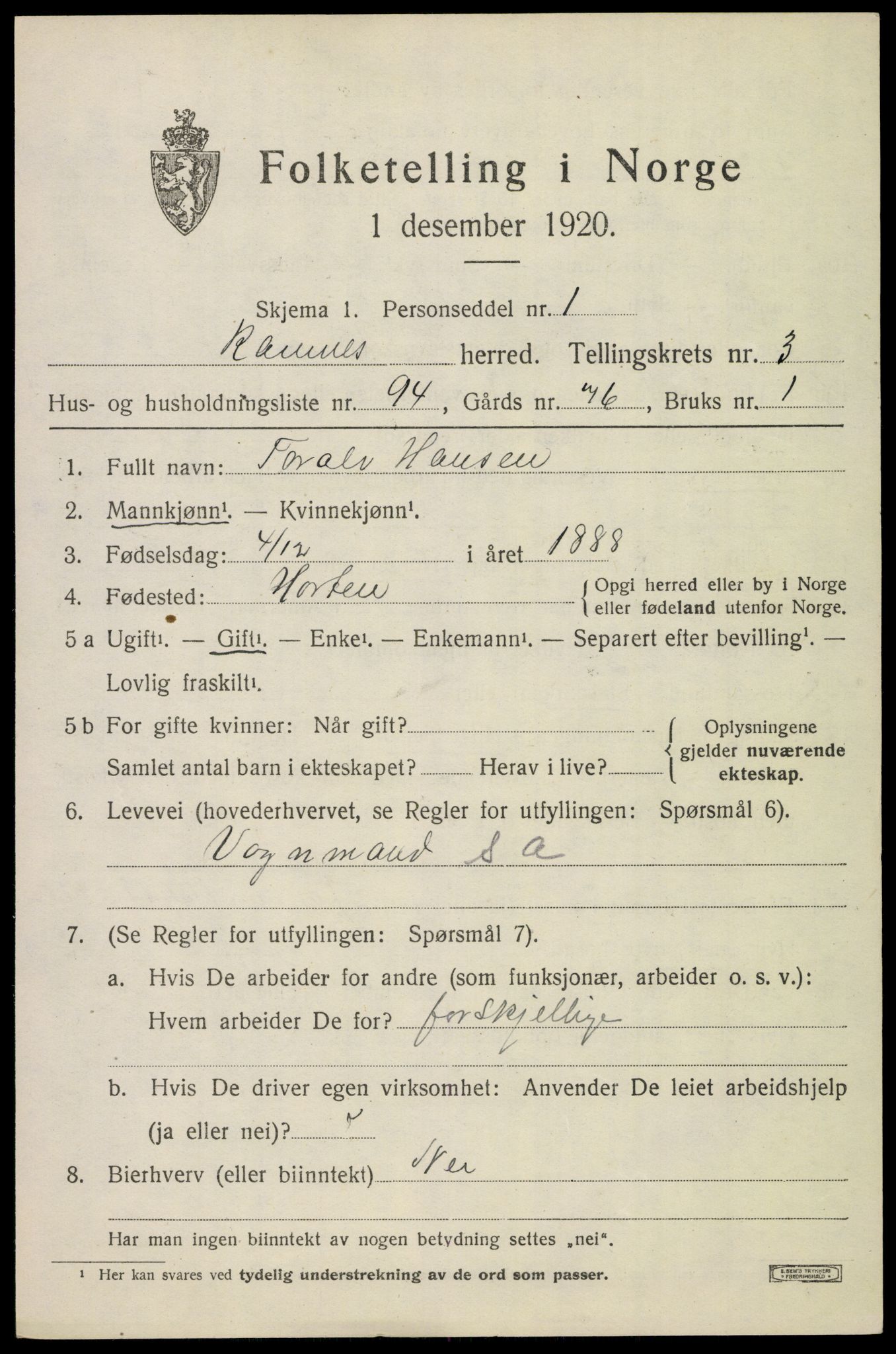 SAKO, 1920 census for Ramnes, 1920, p. 4312