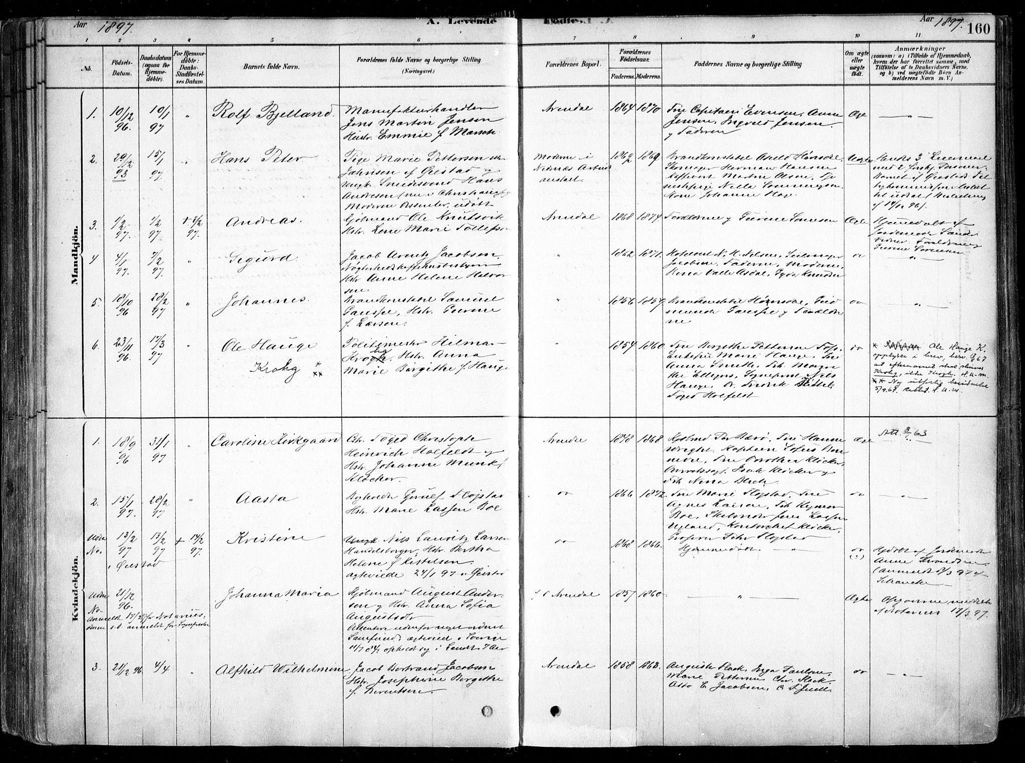 Arendal sokneprestkontor, Trefoldighet, SAK/1111-0040/F/Fa/L0008: Parish register (official) no. A 8, 1878-1899, p. 160