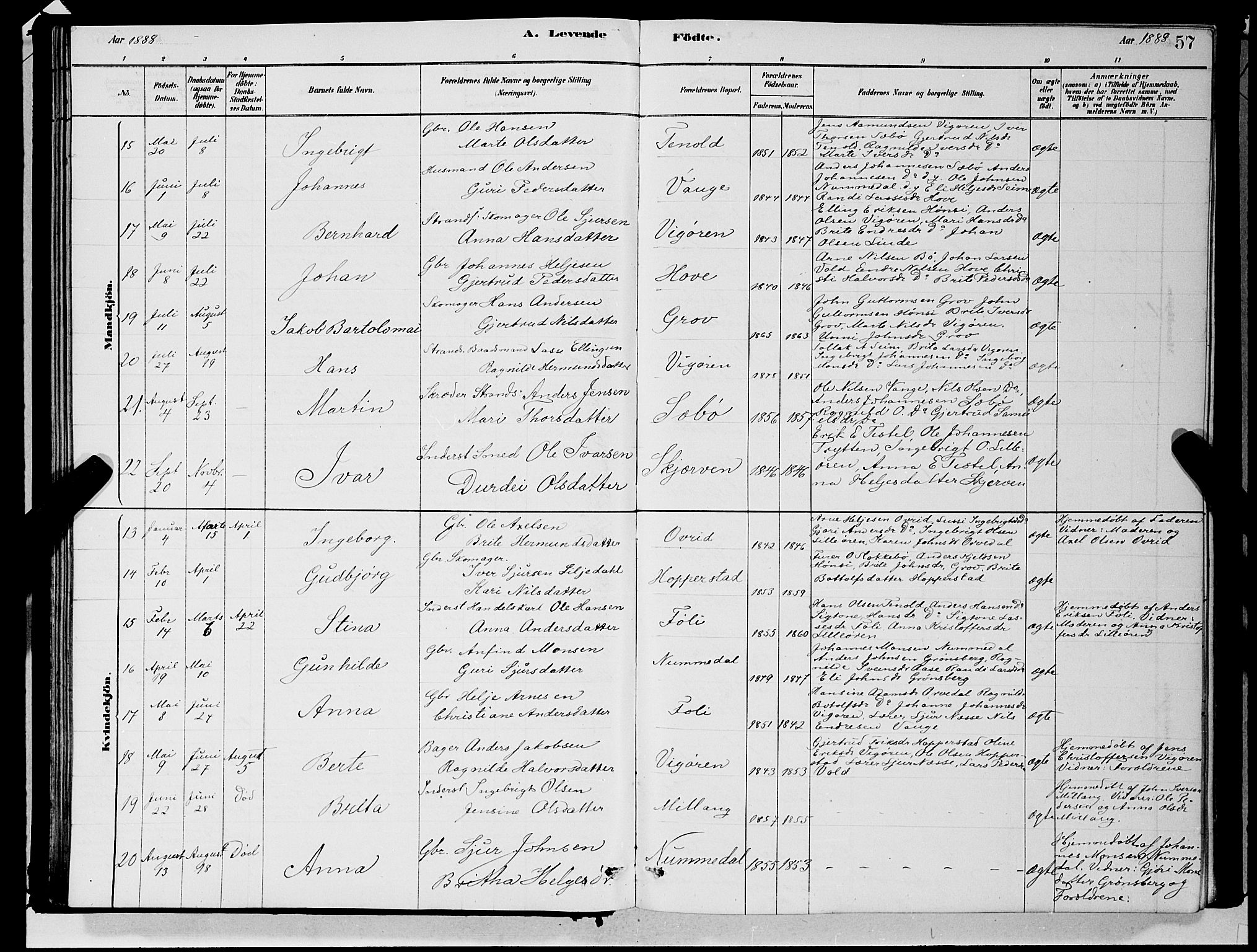 Vik sokneprestembete, AV/SAB-A-81501/H/Hab/Haba/L0003: Parish register (copy) no. A 3, 1878-1894, p. 57