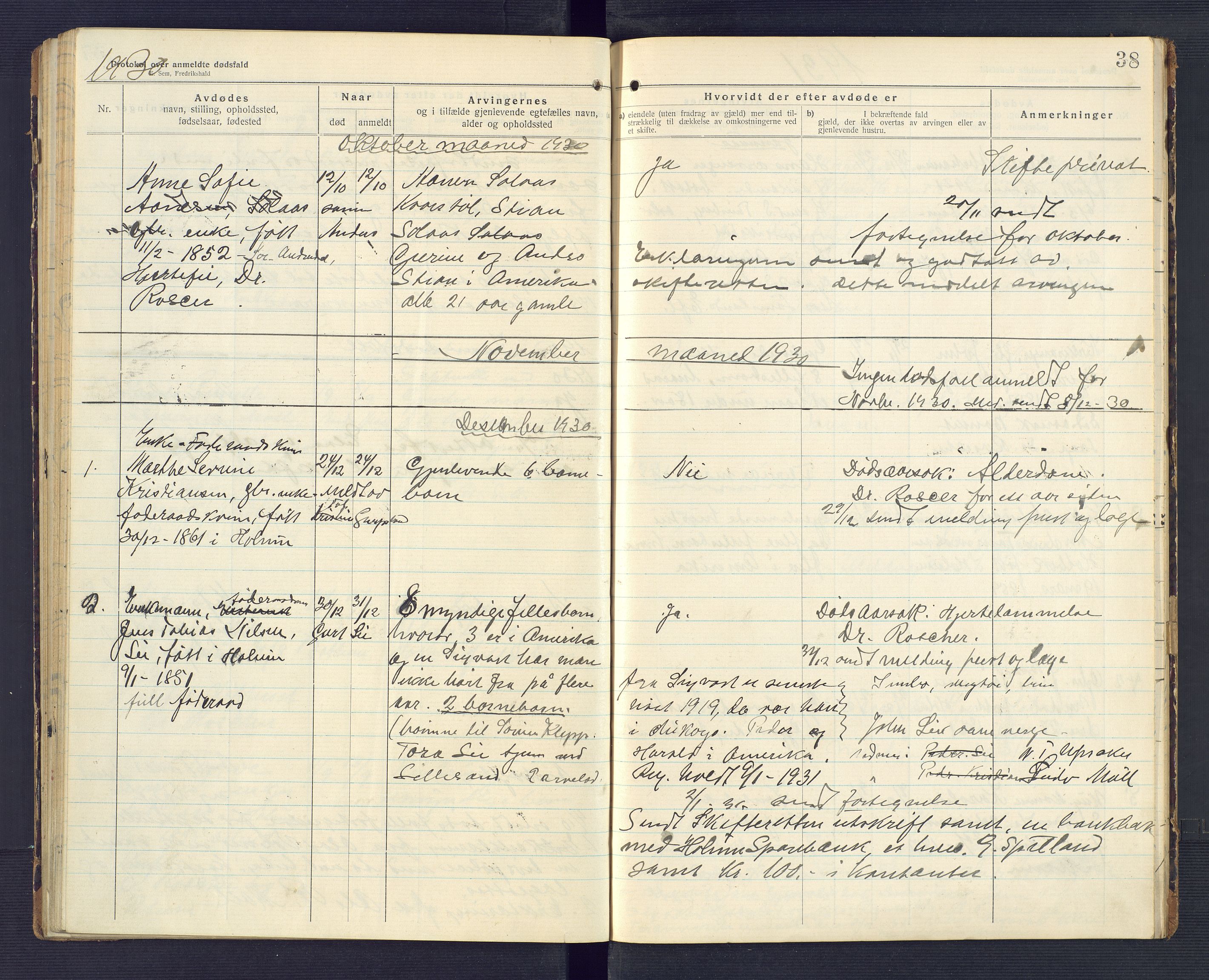 Holum lensmannskontor, AV/SAK-1241-0022/F/Fe/L0002: Anmeldte dødsfall nr 22, 1922-1932, p. 38