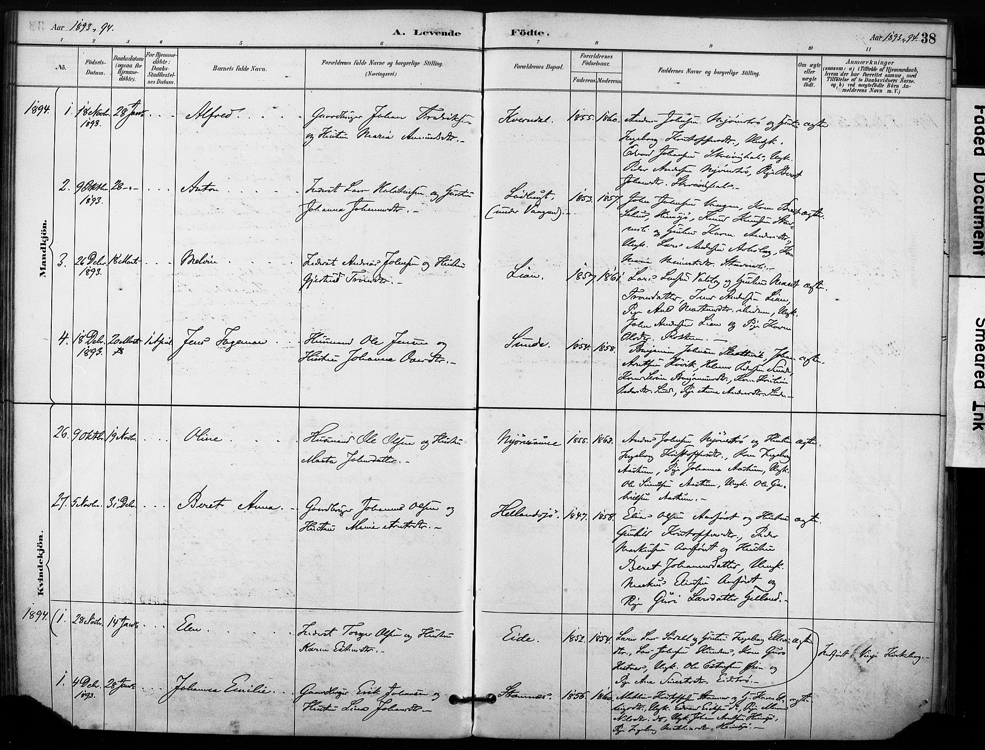 Ministerialprotokoller, klokkerbøker og fødselsregistre - Sør-Trøndelag, SAT/A-1456/633/L0518: Parish register (official) no. 633A01, 1884-1906, p. 38