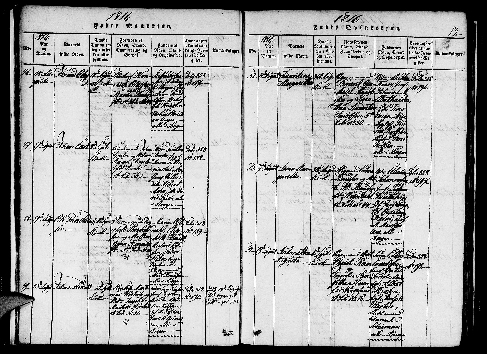 Nykirken Sokneprestembete, AV/SAB-A-77101/H/Haa/L0011: Parish register (official) no. A 11, 1816-1821, p. 13