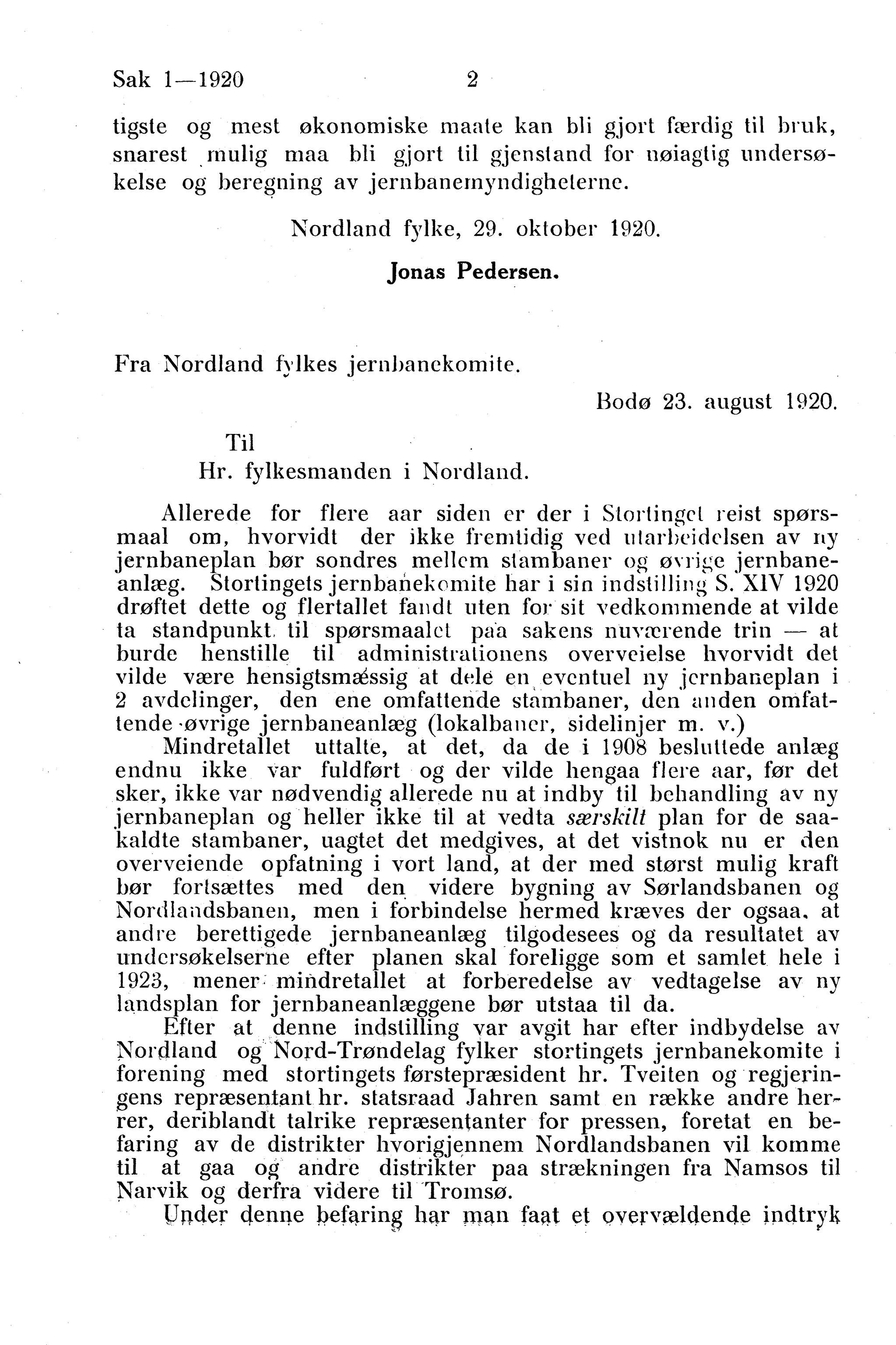 Nordland Fylkeskommune. Fylkestinget, AIN/NFK-17/176/A/Ac/L0043: Fylkestingsforhandlinger 1920, 1920