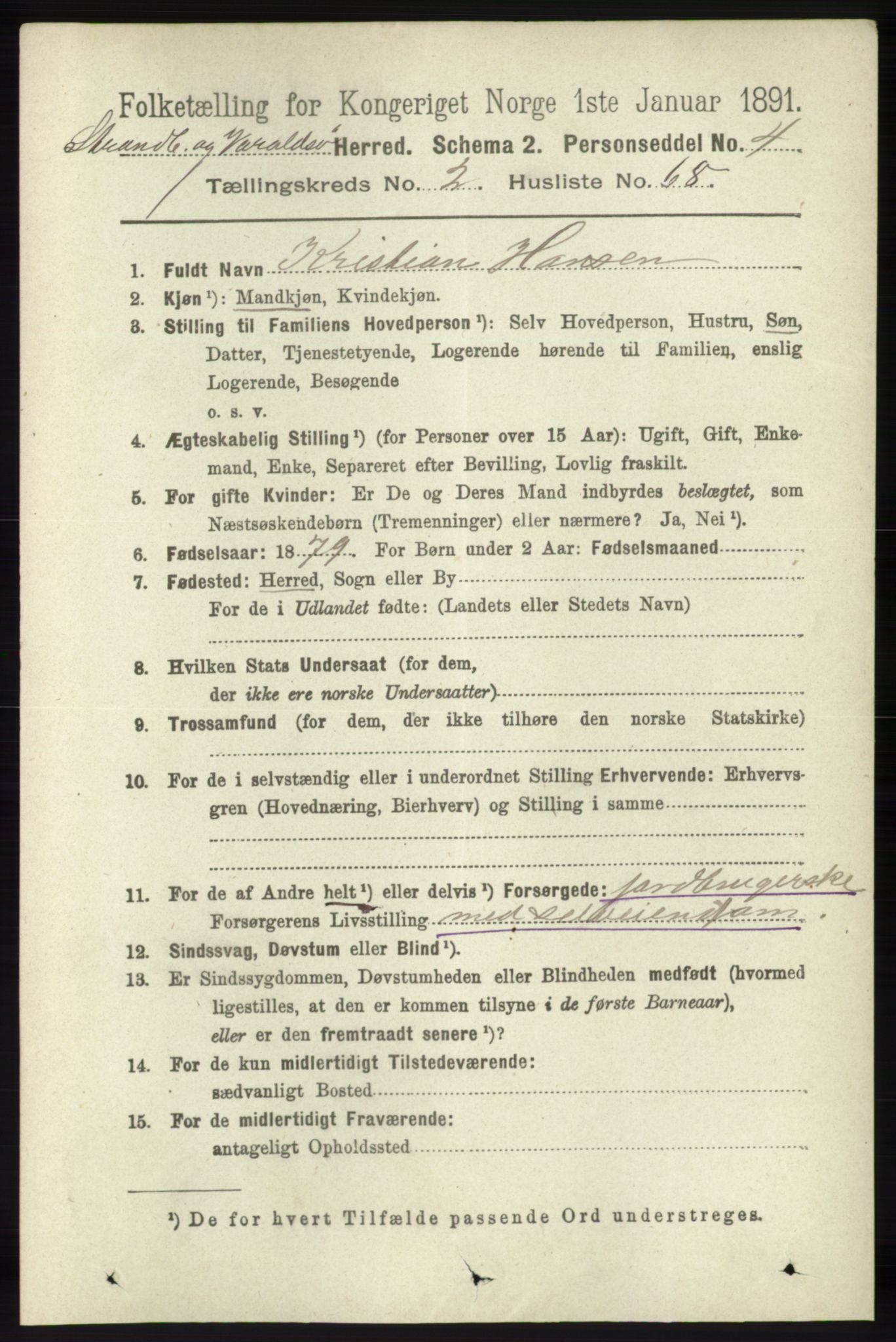 RA, 1891 census for 1226 Strandebarm og Varaldsøy, 1891, p. 1031