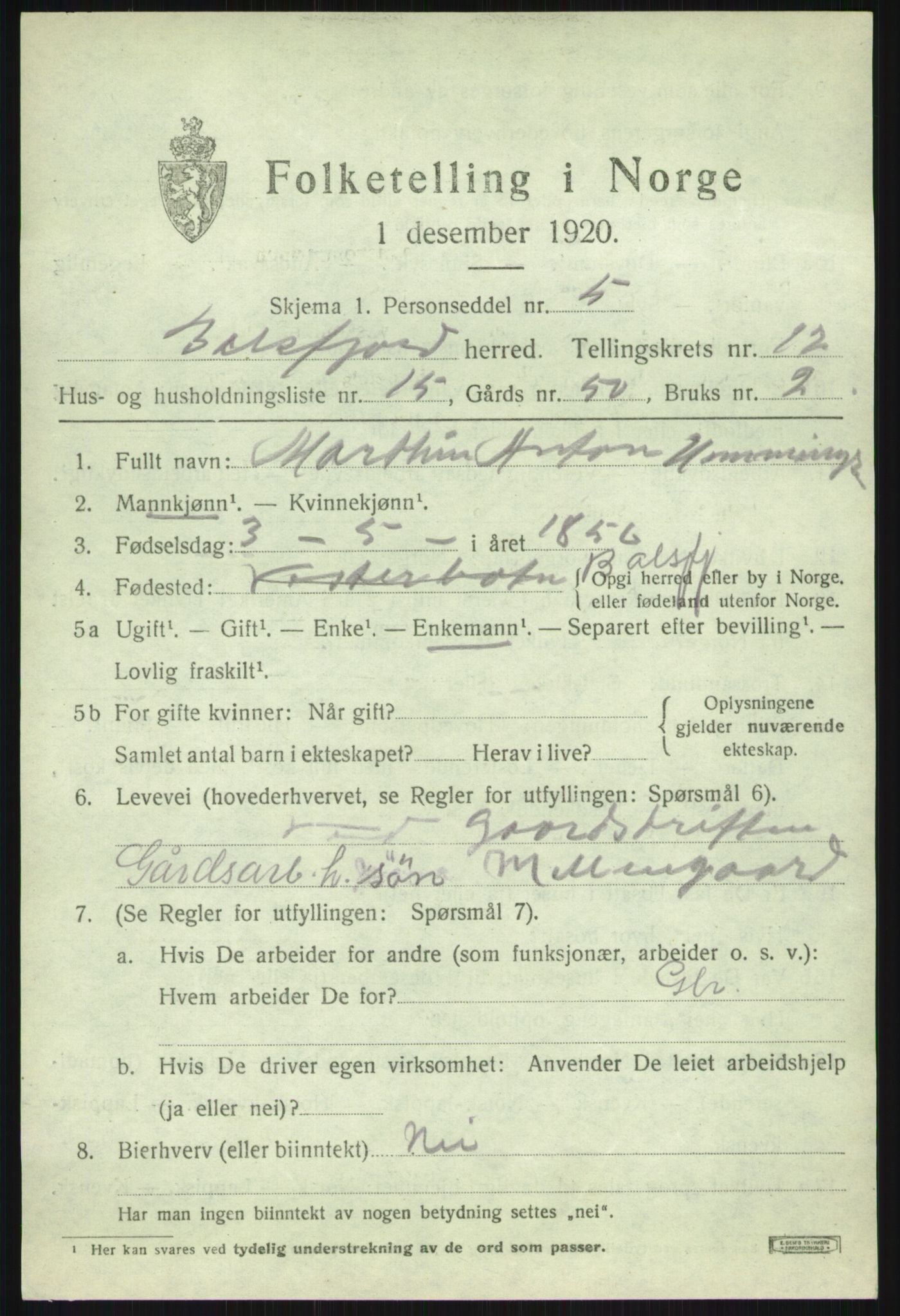 SATØ, 1920 census for Balsfjord, 1920, p. 7437
