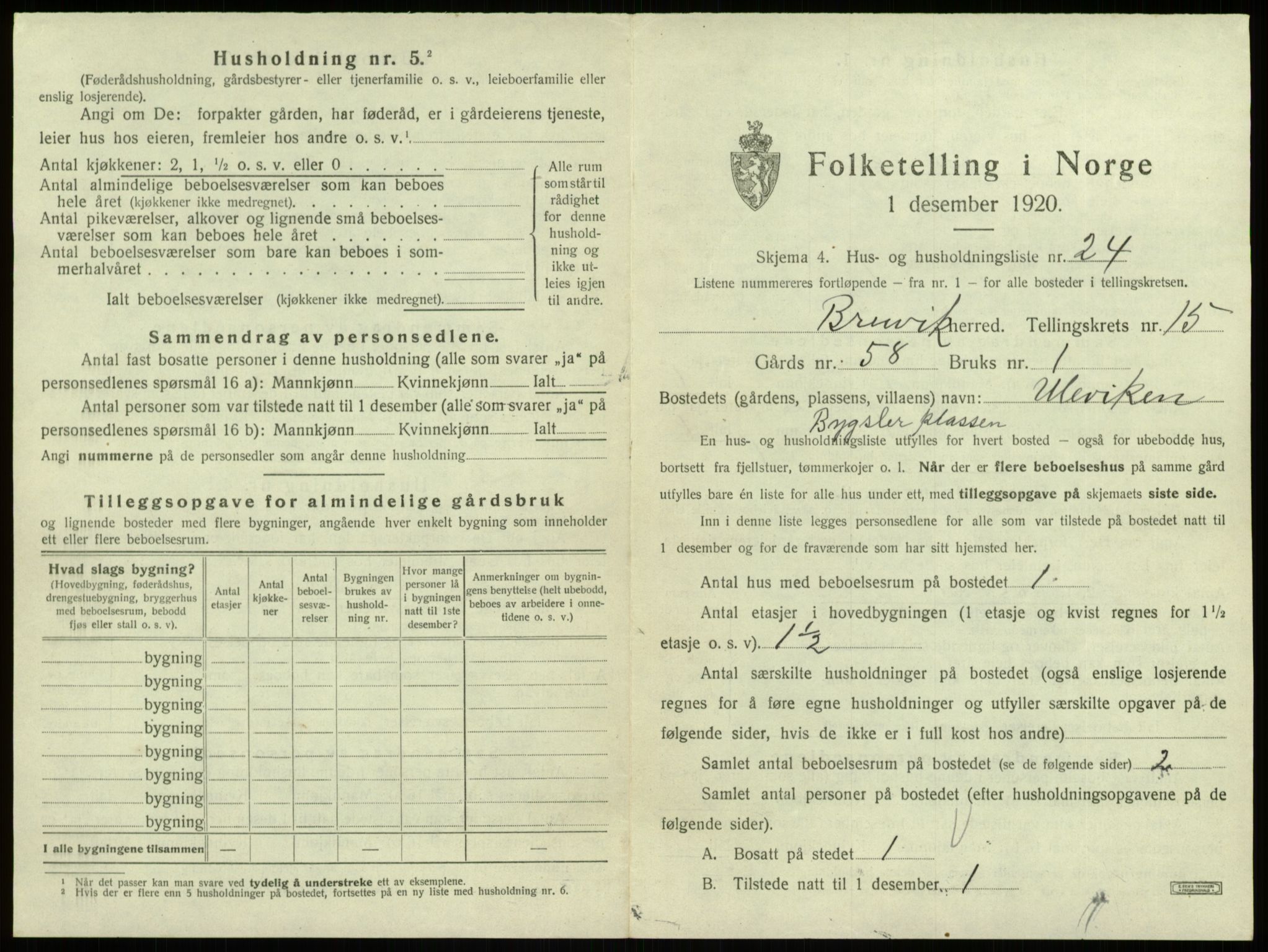 SAB, 1920 census for Bruvik, 1920, p. 1065