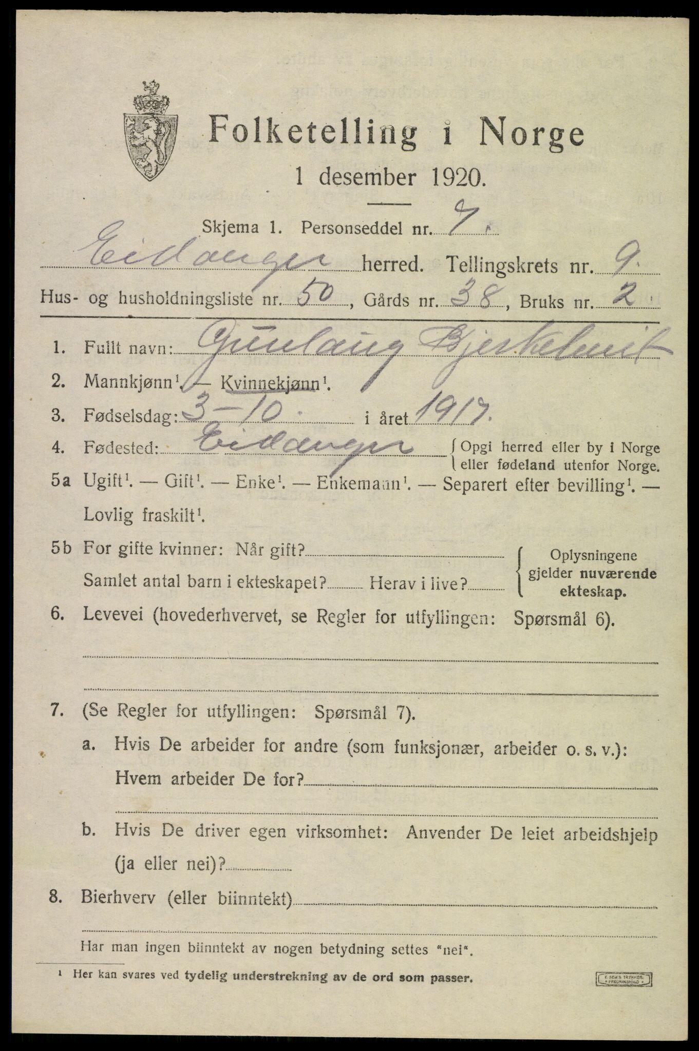 SAKO, 1920 census for Eidanger, 1920, p. 6314